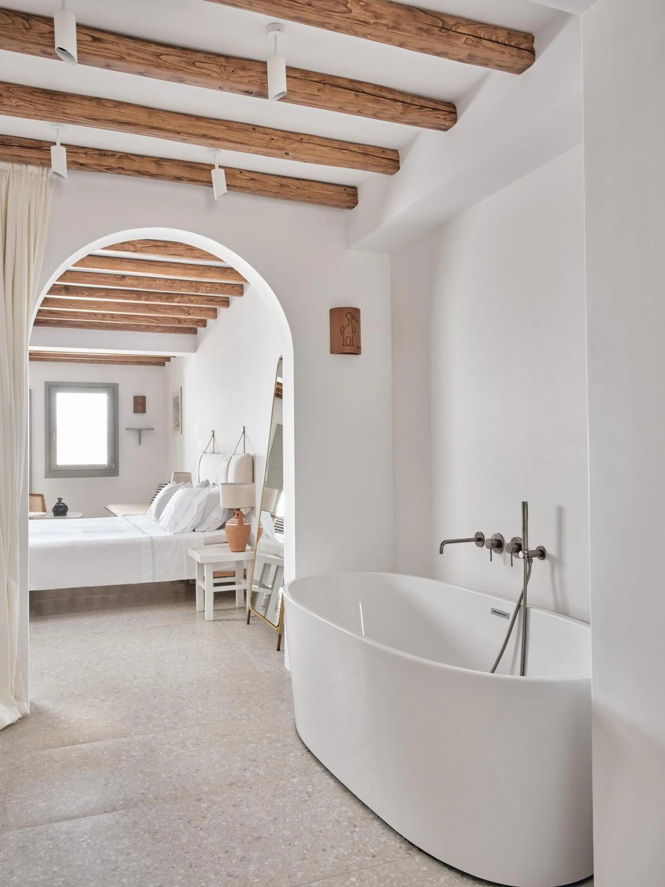 Bathroom, Bed in Belvedere Mykonos - Hilltop Rooms & Suites - The Leading Hotels of the World