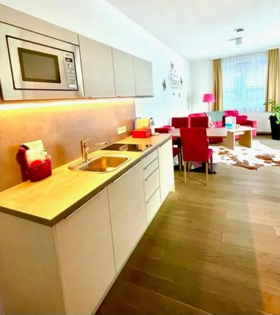 Kitchen or kitchenette in Aparthotel Bergtraum