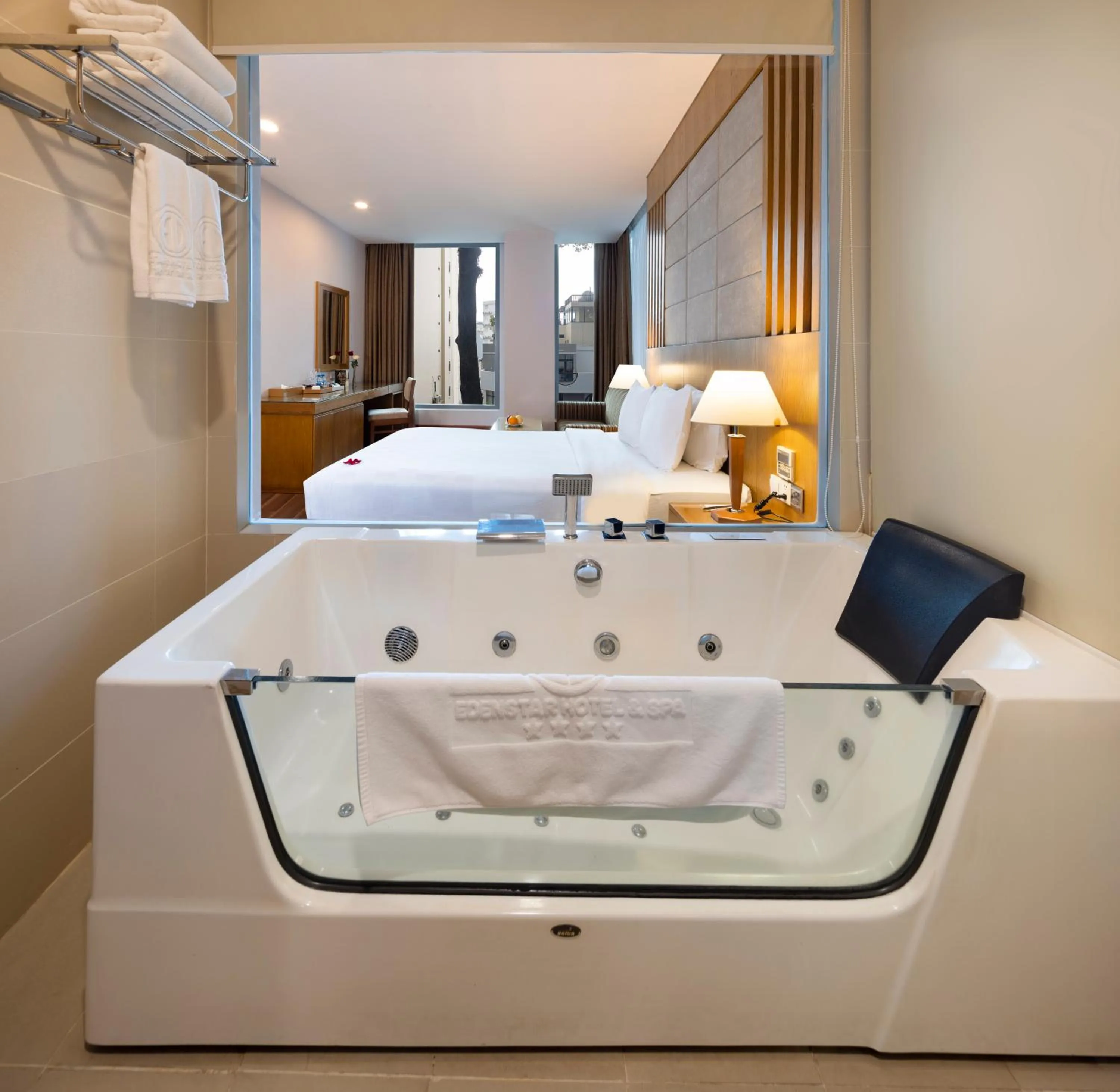 Bath, Bed in Eden Star Saigon Hotel