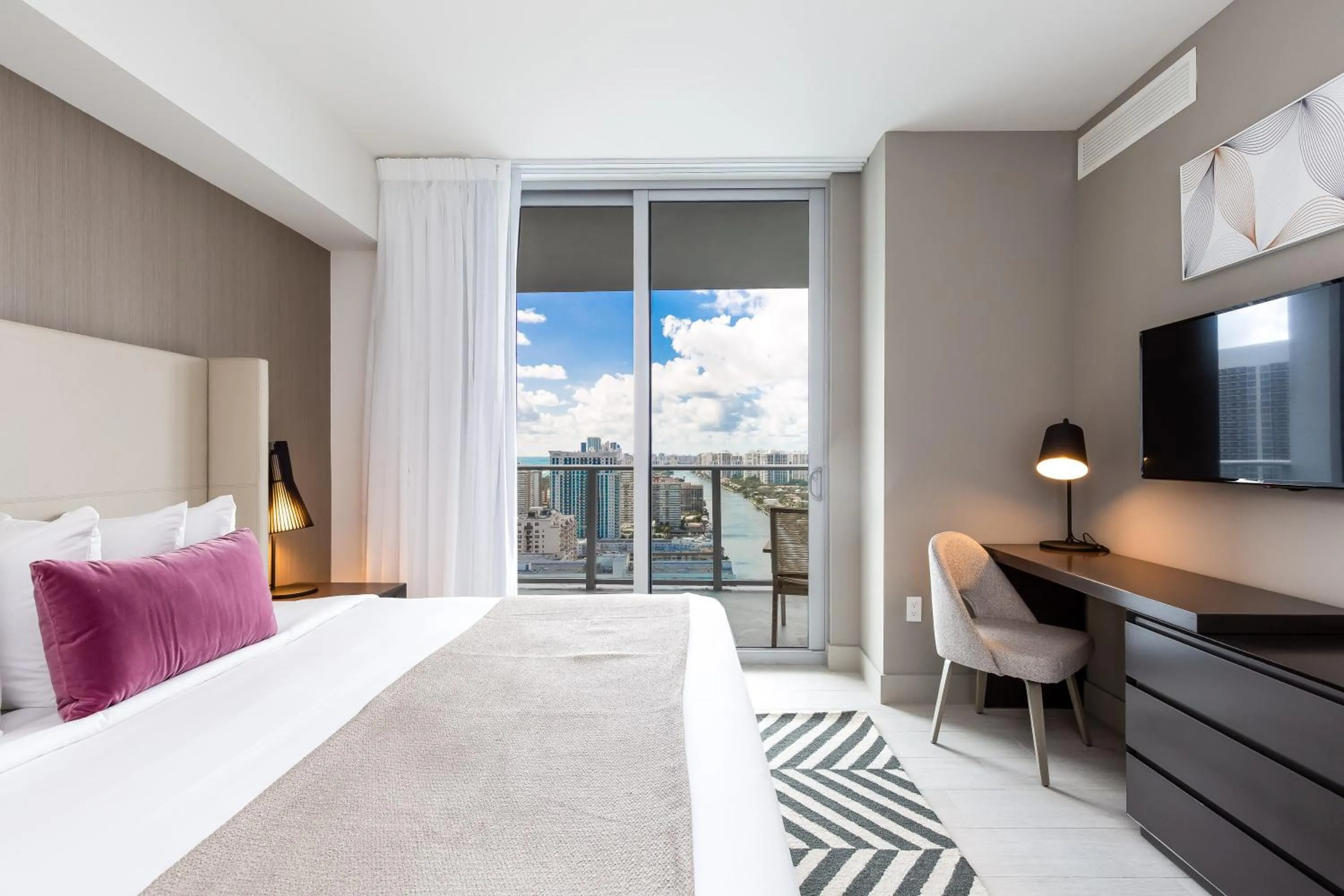 Balcony/Terrace, Bed in Private Ocean Condos at Hyde Beach Resort & Residences