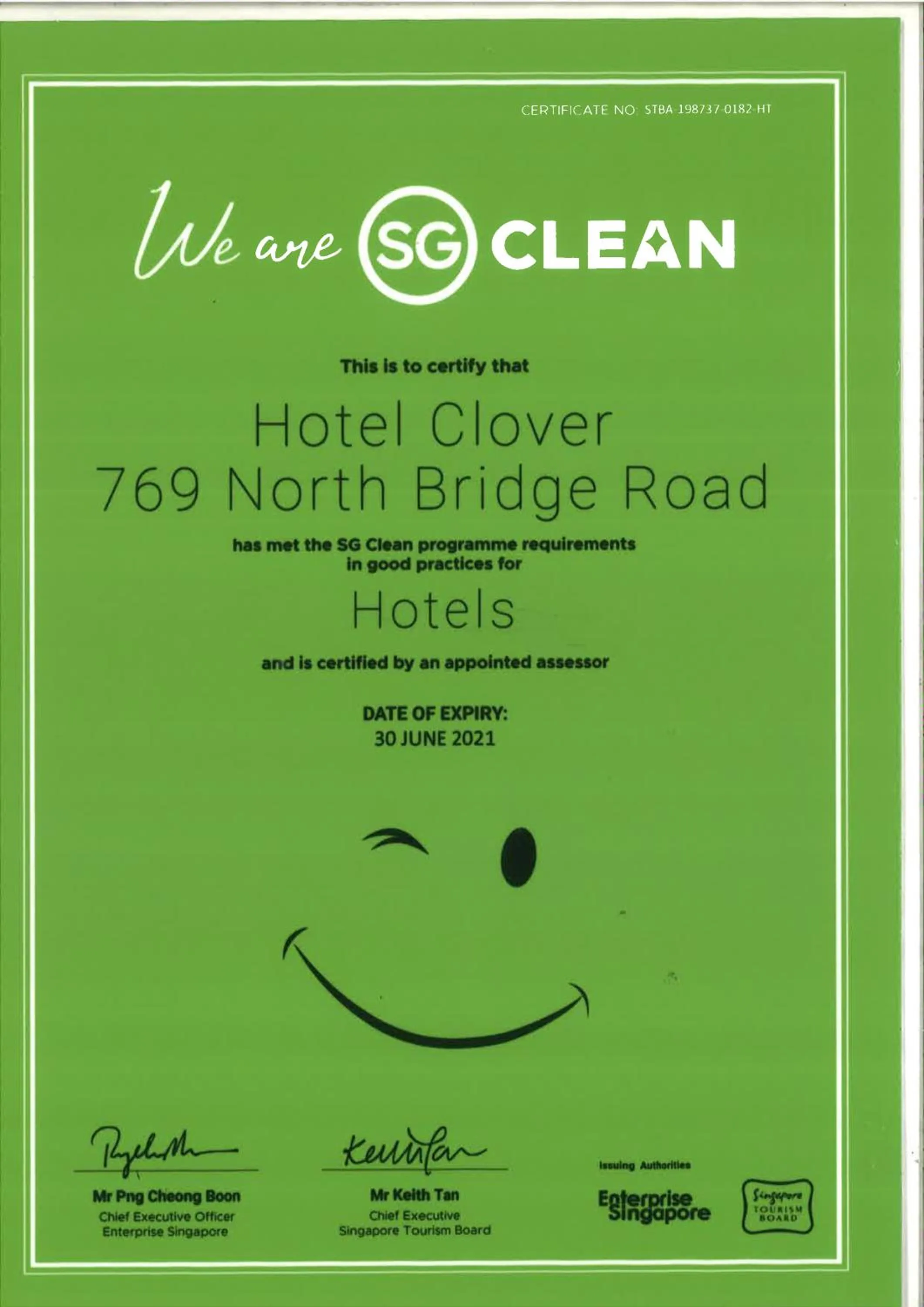 Certificate/Award in Hotel Clover 769 North Bridge Road