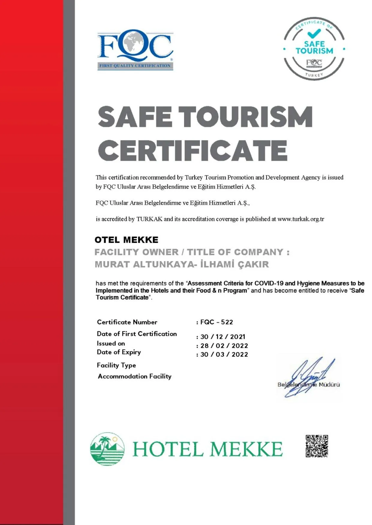 Certificate/Award in Mekke Hotel Istanbul