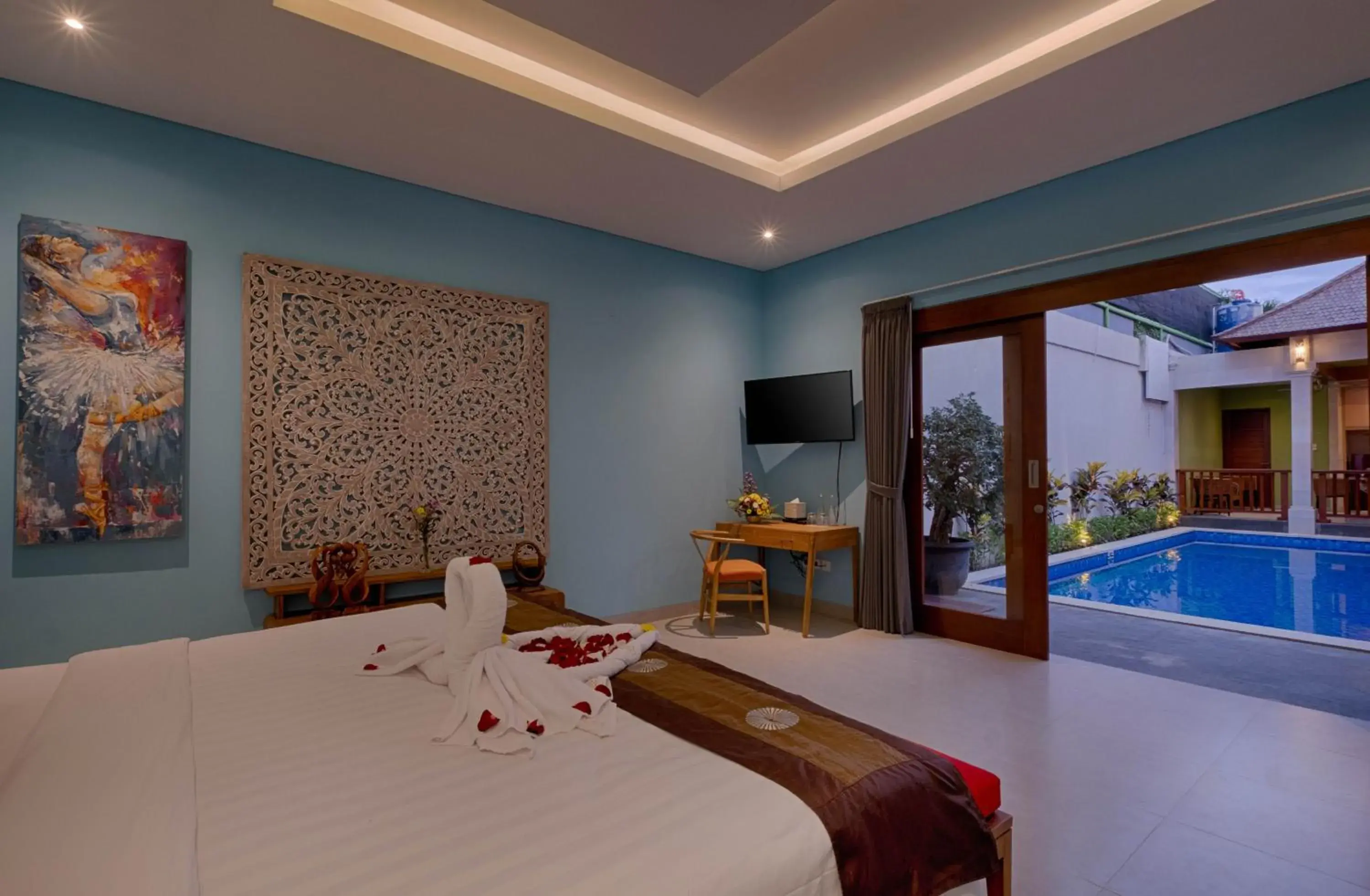 Pool view, Bed in Canggu Villa by Sanga Sanga Hospitality Pool view, Bed in Canggu Villa by Sanga Sanga Hospitality