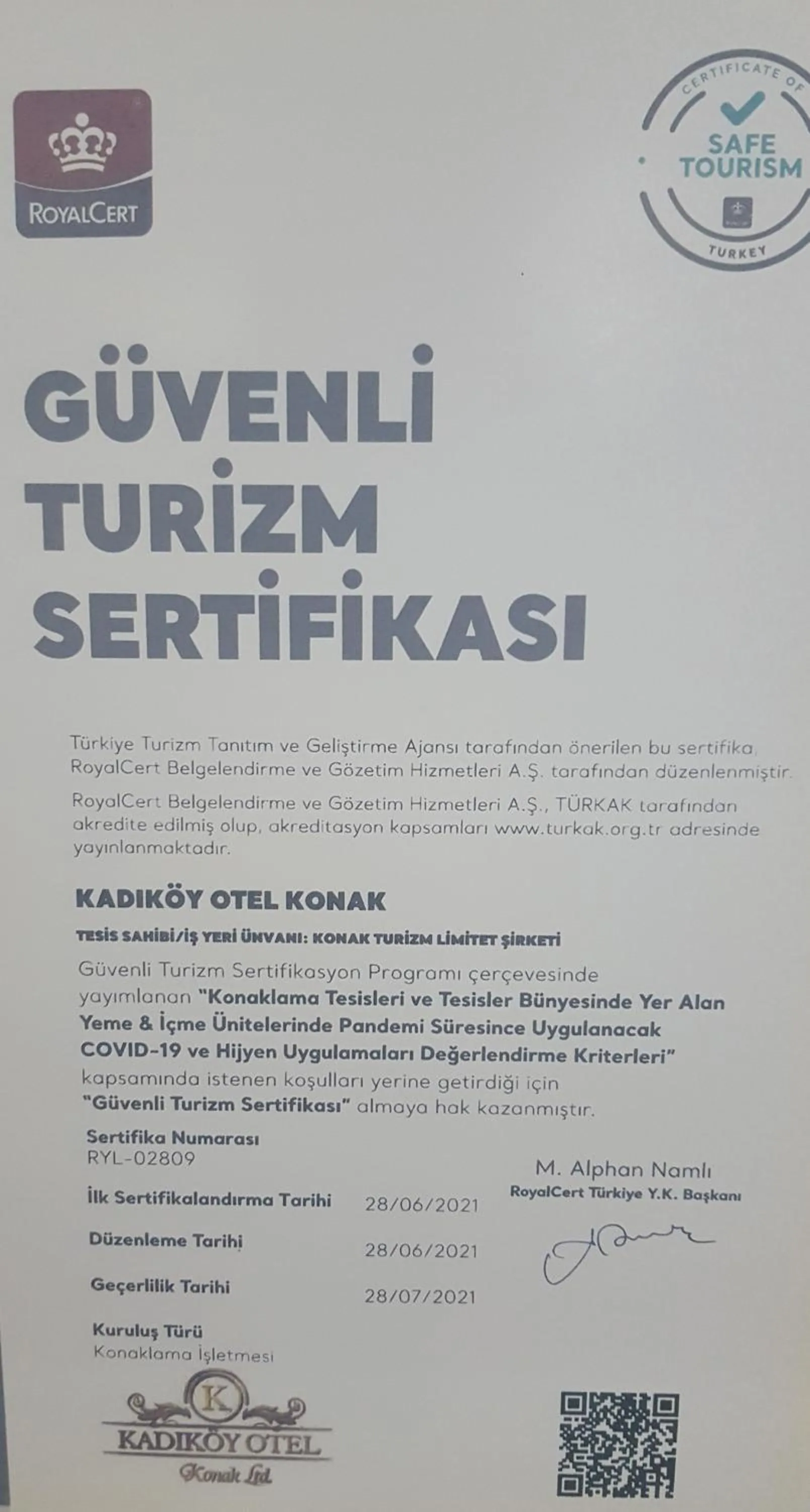 Certificate/Award in Kadikoy Otel