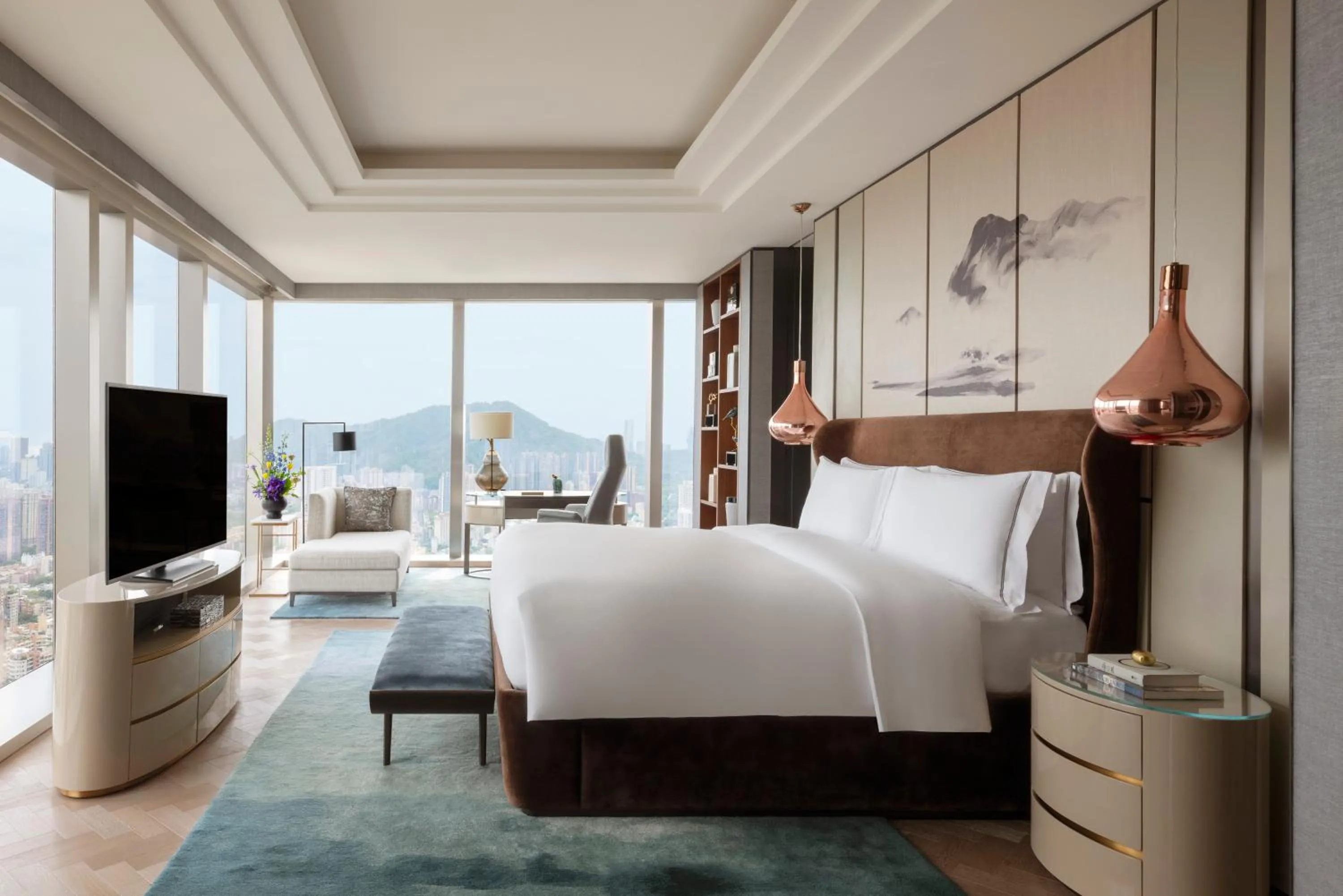 View (from property/room), Bed in Raffles Shenzhen, Situated in the heart of One Shenzhen Bay, Book Now to Enjoy Free Minibar and Happy Hour Privileges at Long Bar on 71F