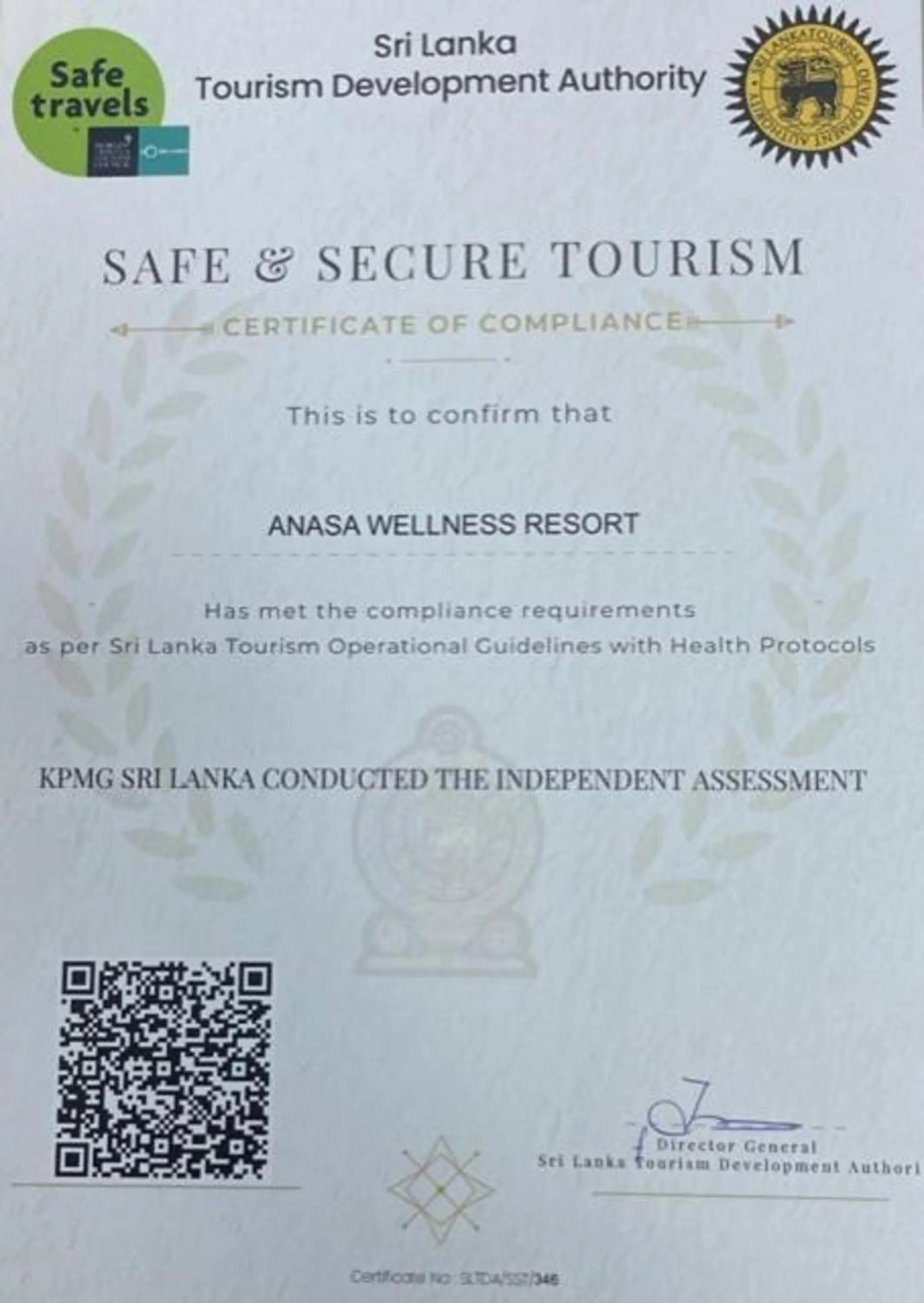 Certificate/Award in Anasa Wellness Resort