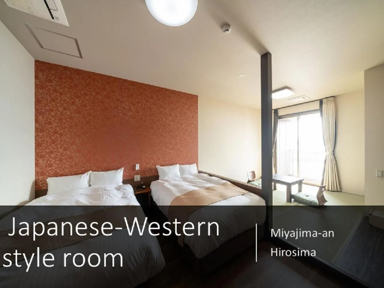 Bed in Ryokan with natural hot springs and okonomiyaki Miyajima-an Hiroshima
