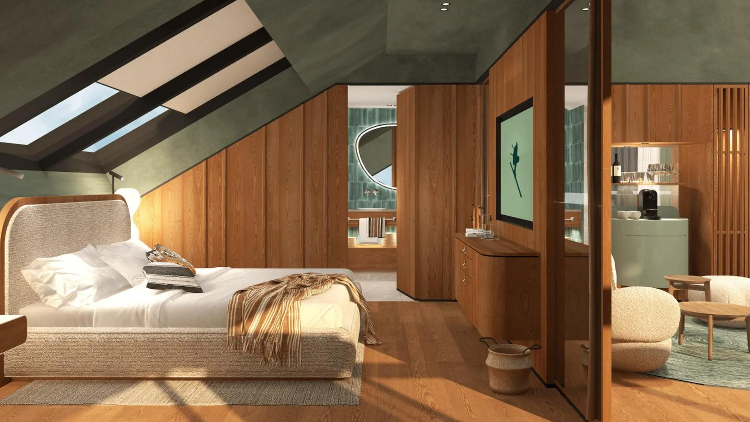Living room, Bed in Hotel Kristberg in Lech - New hotel with Spa - opening Dezember 4th, 2025