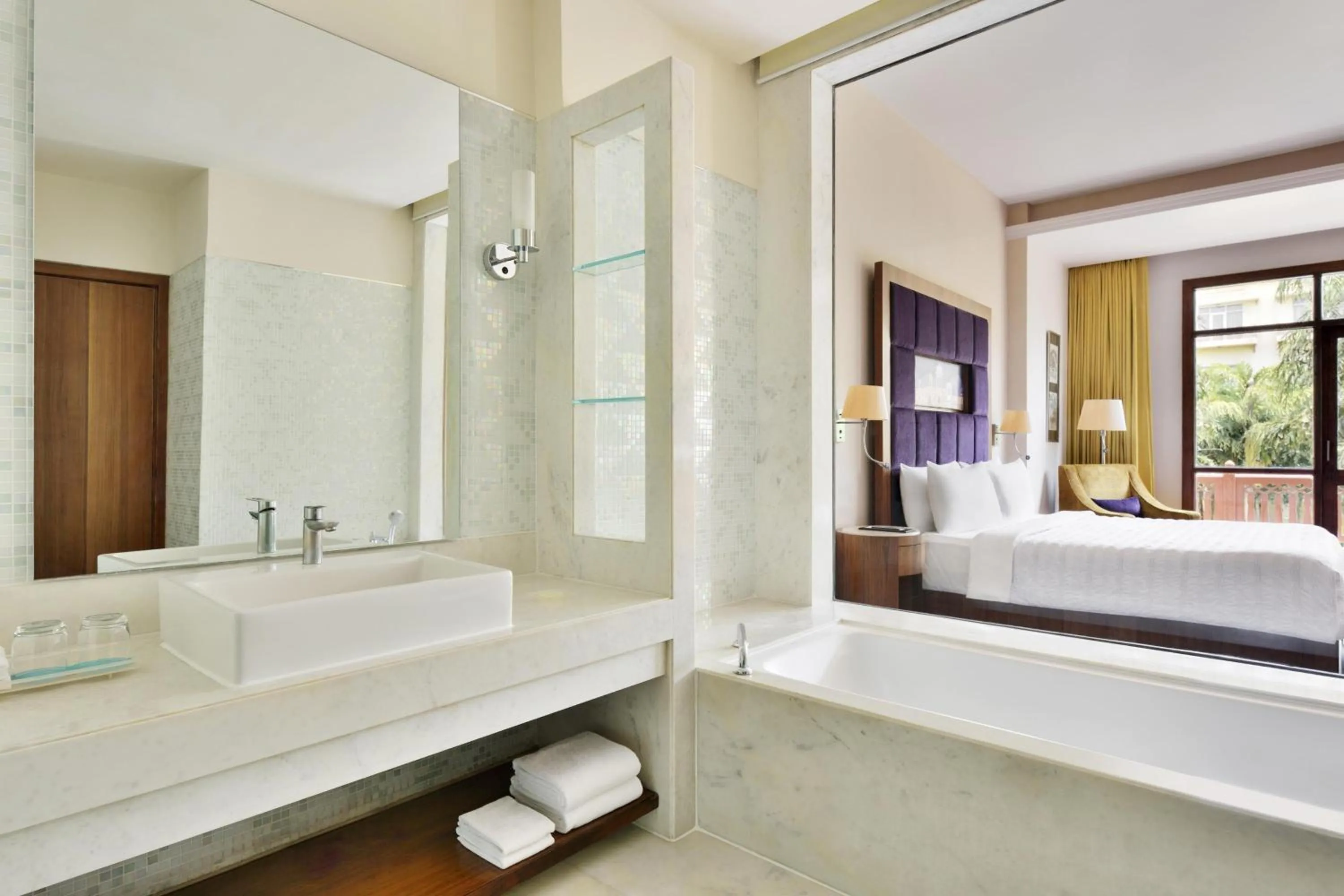 Bathroom, Bed in Le Meridien Jaipur Resort & Spa