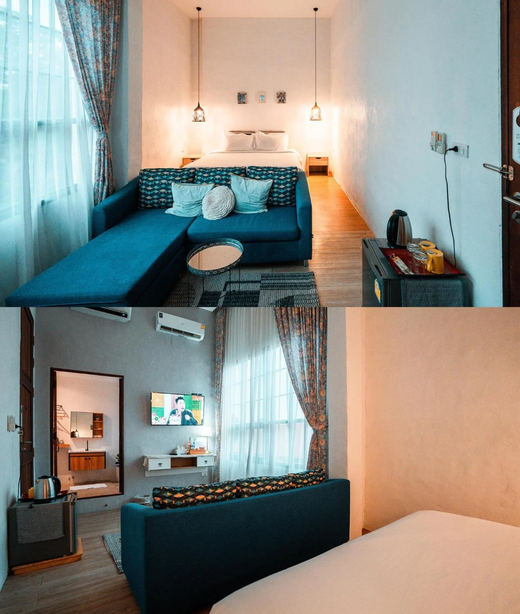 Bed in White Wall Riverfront Hotel