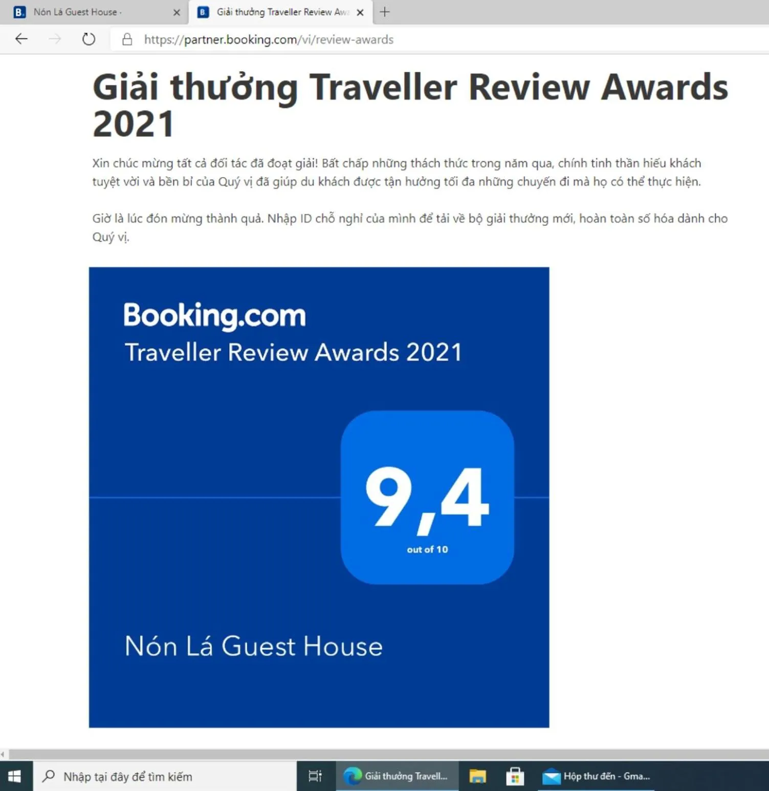 Certificate/Award in Nón Lá Guest House
