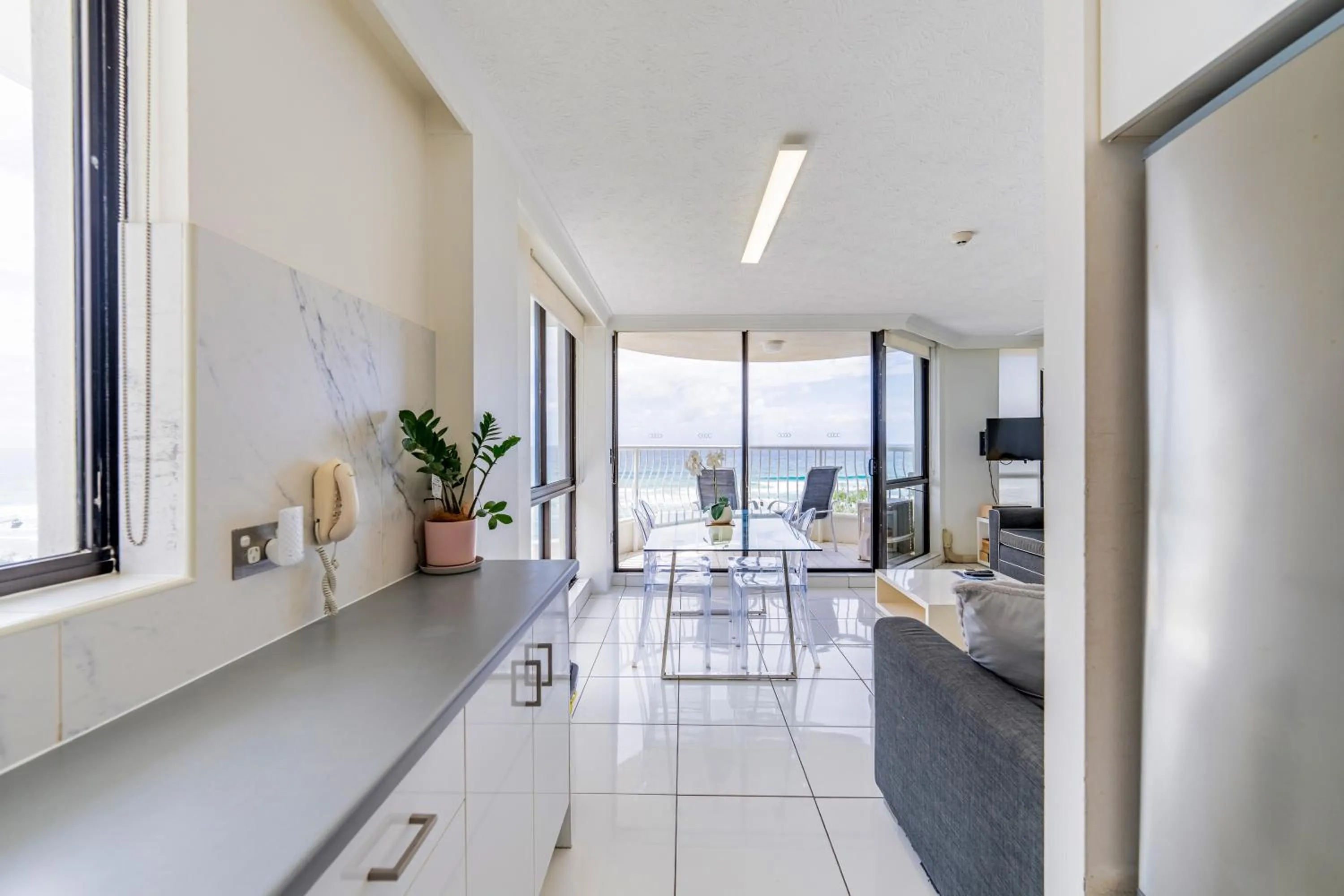 Living room in Olympus Beachfront Apartments