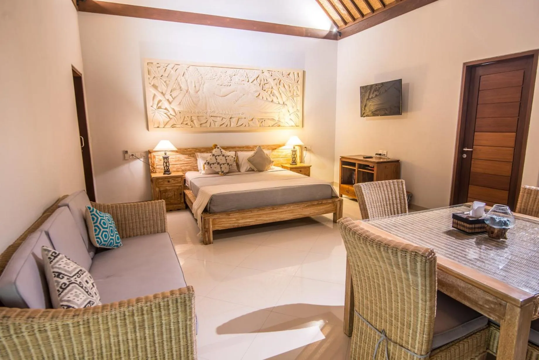 Living room, Bed in Bali Santi Bungalows