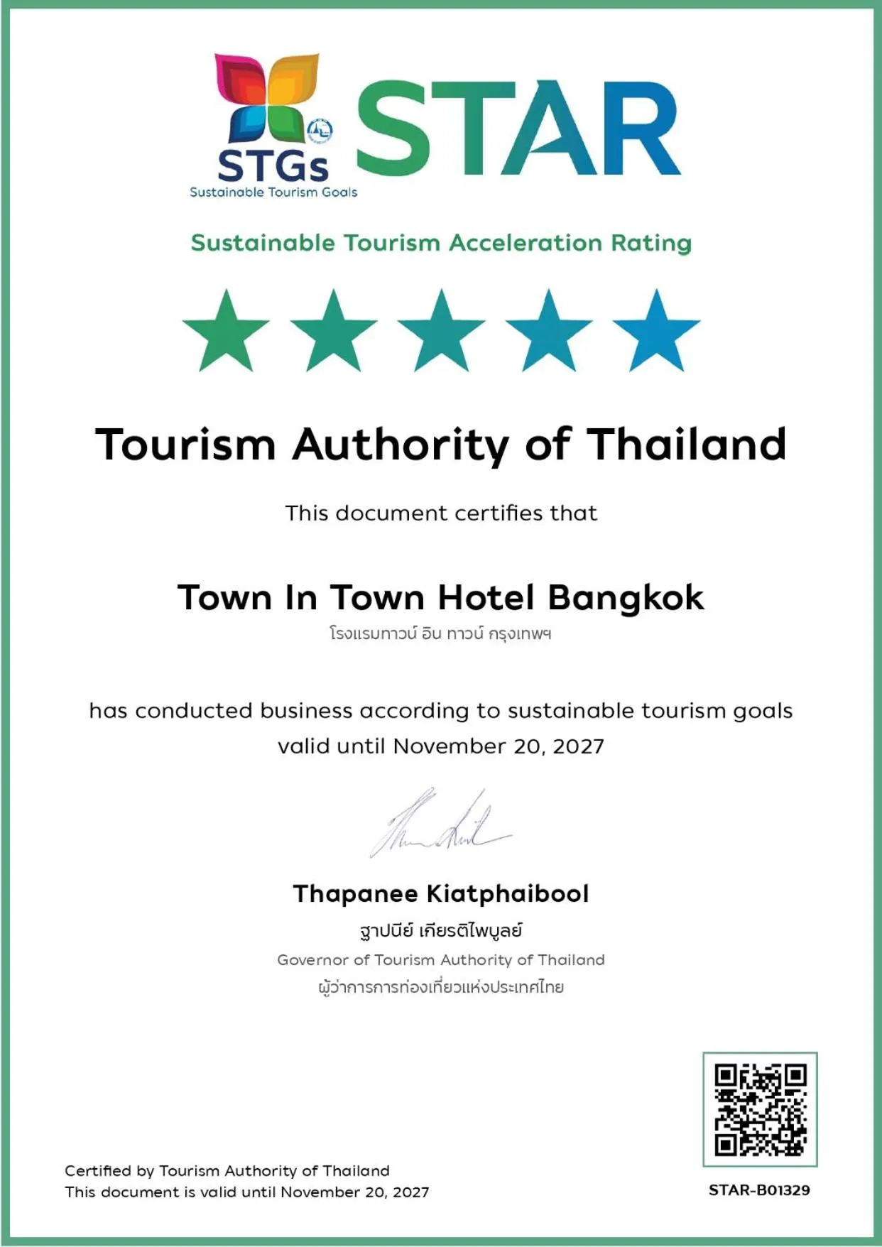Certificate/Award in Town in Town Hotel Bangkok