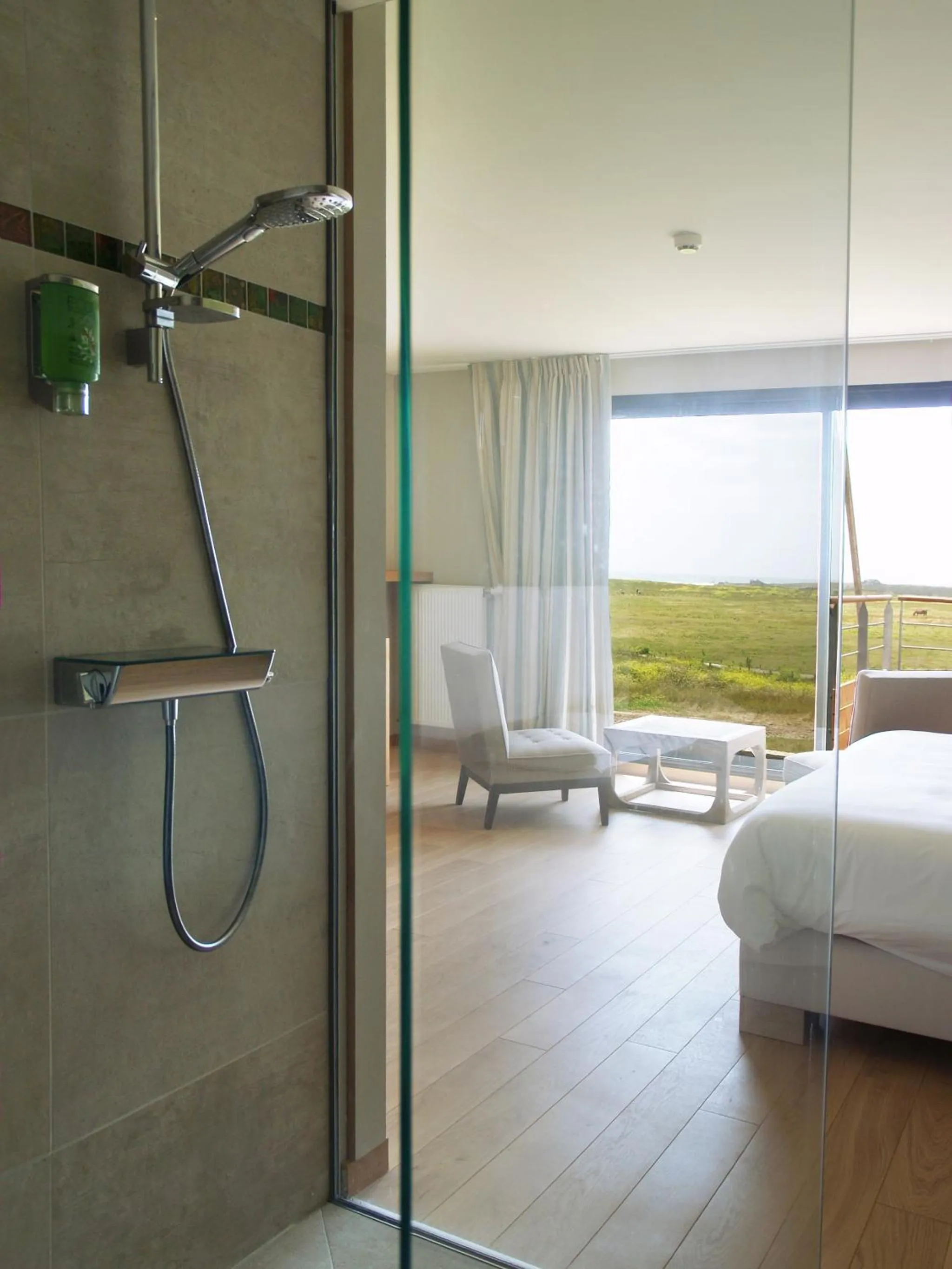 Shower, Bed in Logis Le Château de Sable