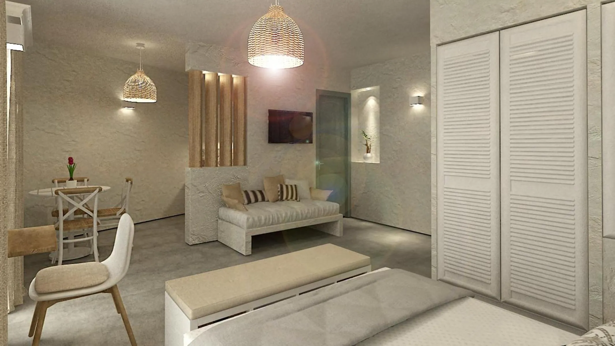 Seating area, Bed in Aeolia suites