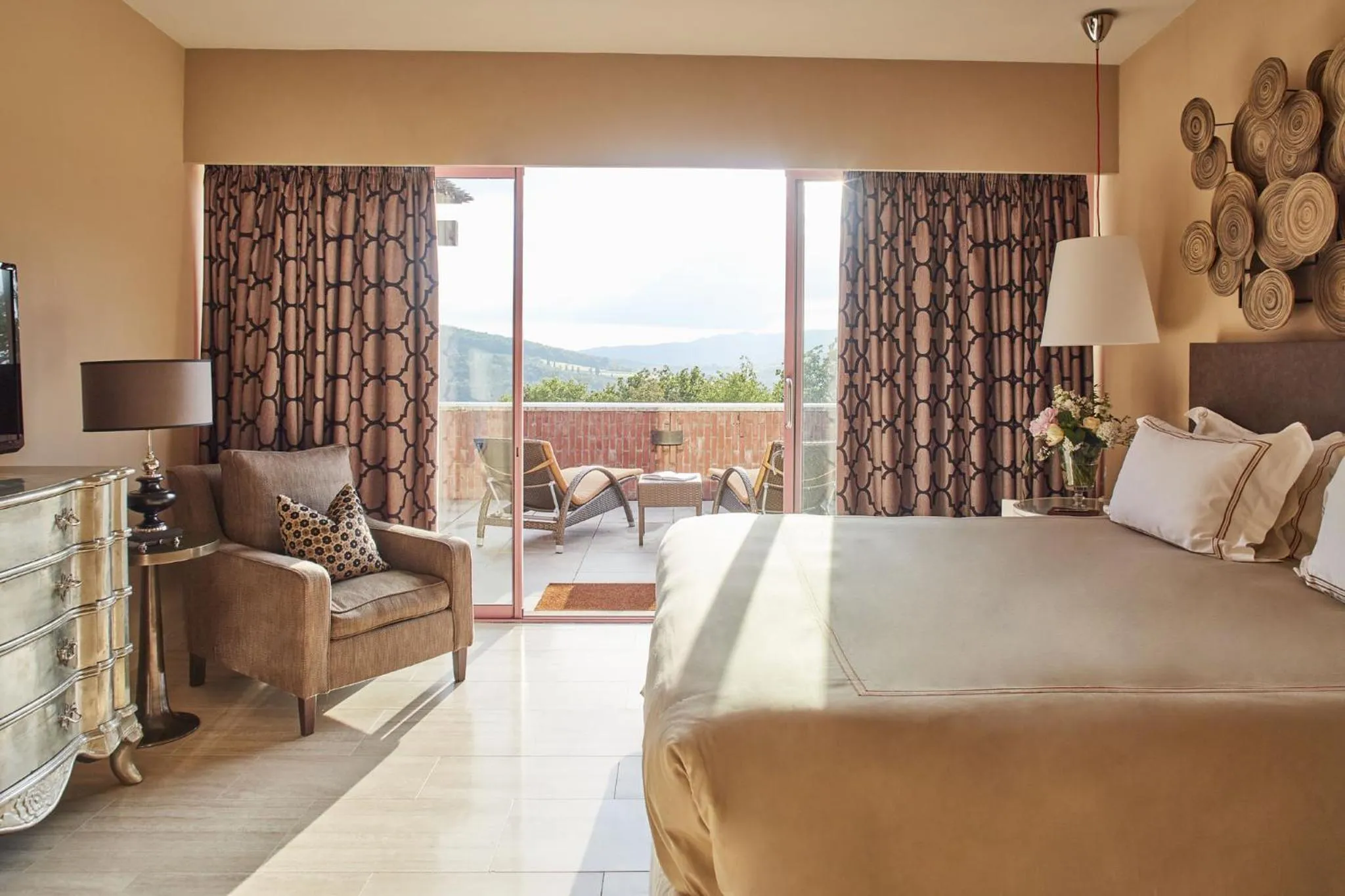 Balcony/Terrace, Bed in Castello di Casole, A Belmond Hotel, Tuscany