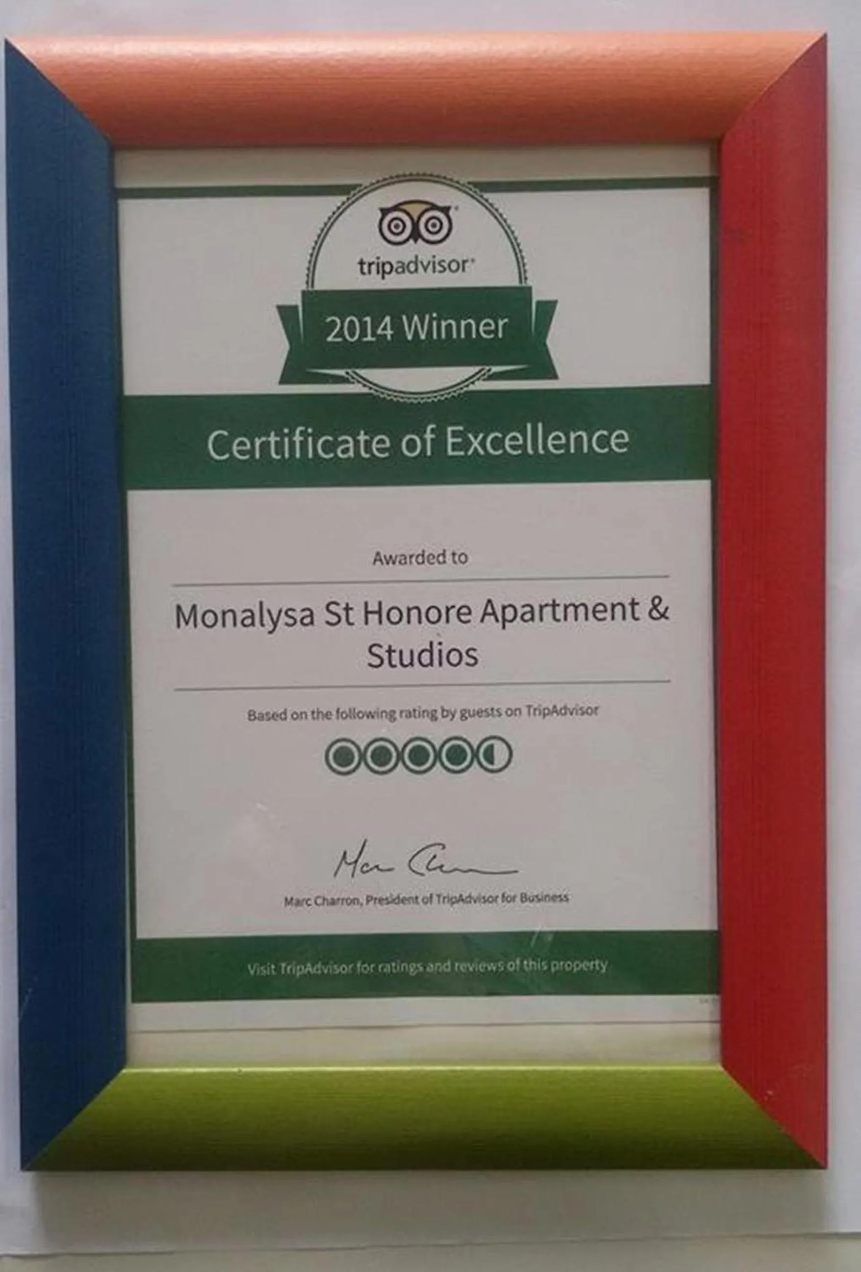 Certificate/Award in Monalysa St Honore Apartment & Studios Grand Bay