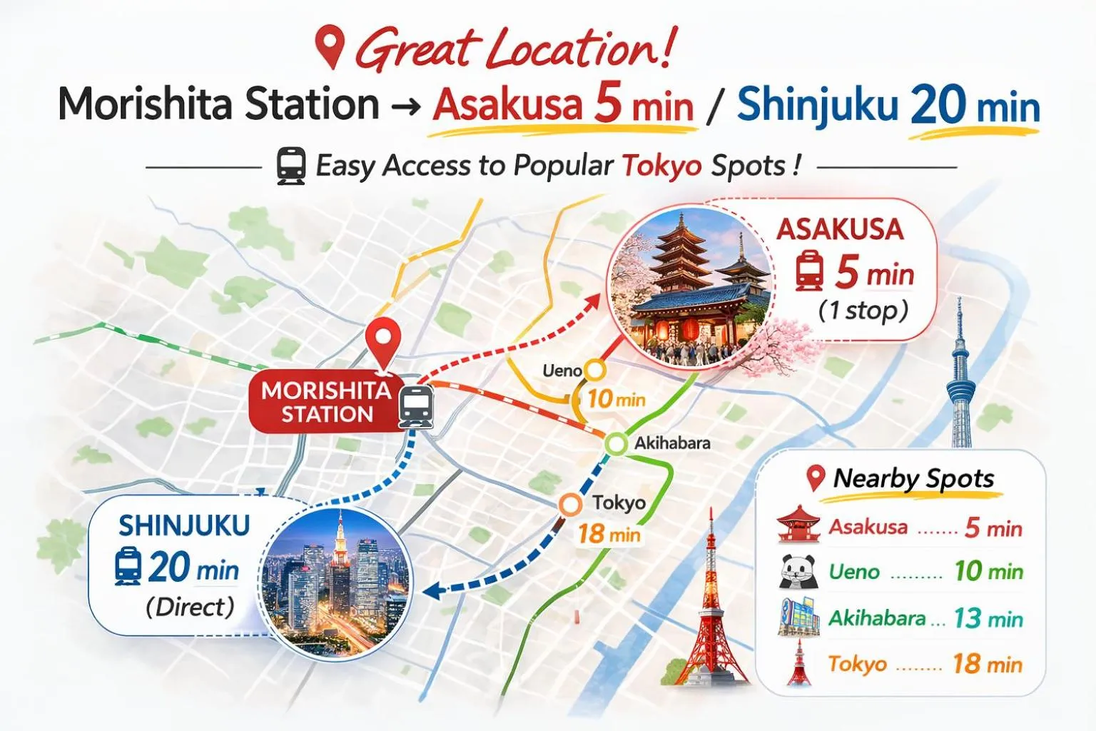 Spacious Tokyo Apartment for 6-8 Guests!! 1 min to Morisita Station , Direct to Shinjuku