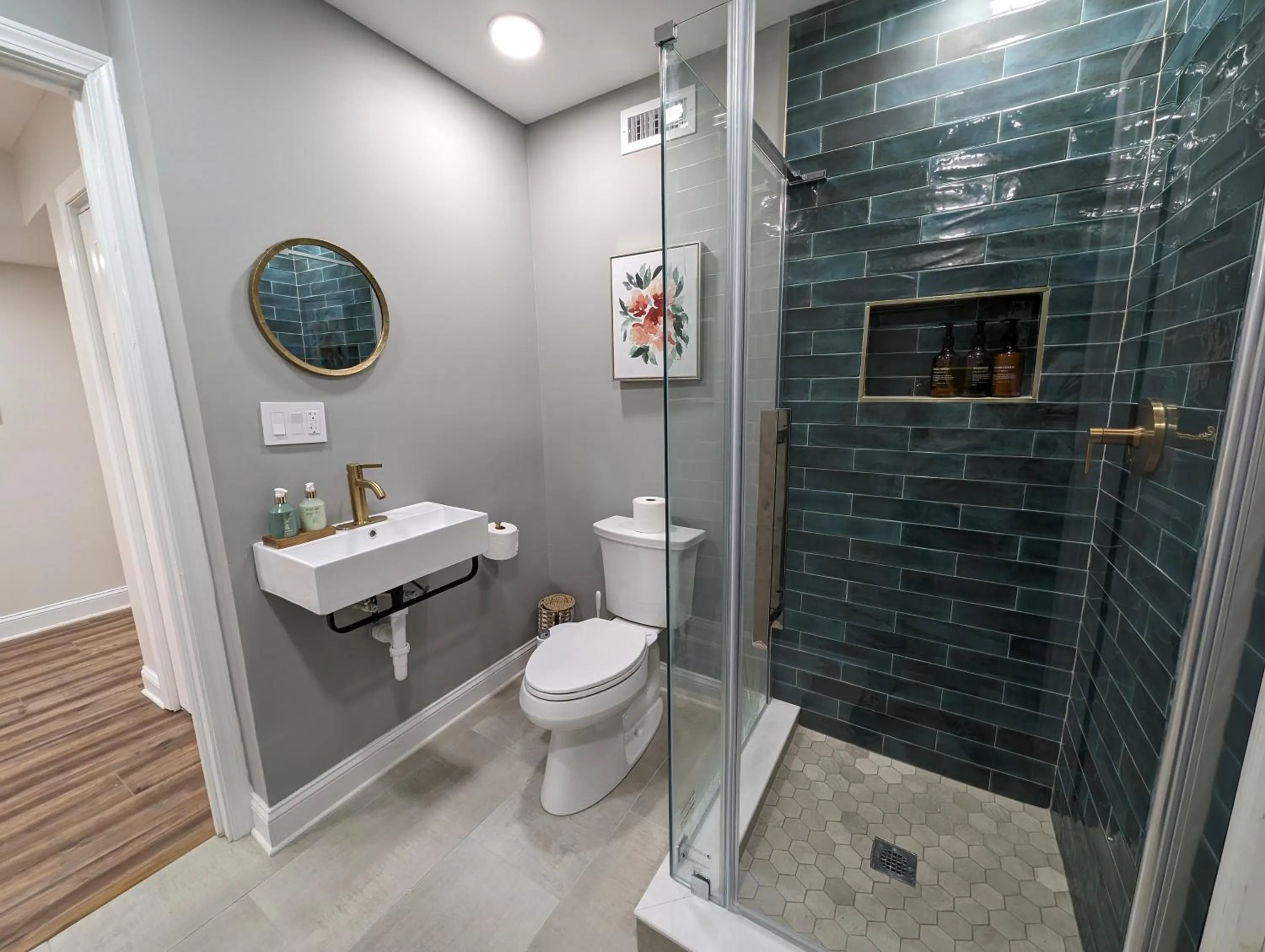 Shower in Modern Luxe Family & Groups Friendly Bungalow with Patio & Workspace