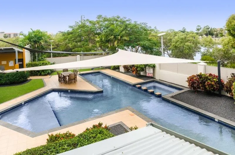 Pool view in City Stadium Apartment on the riverfront