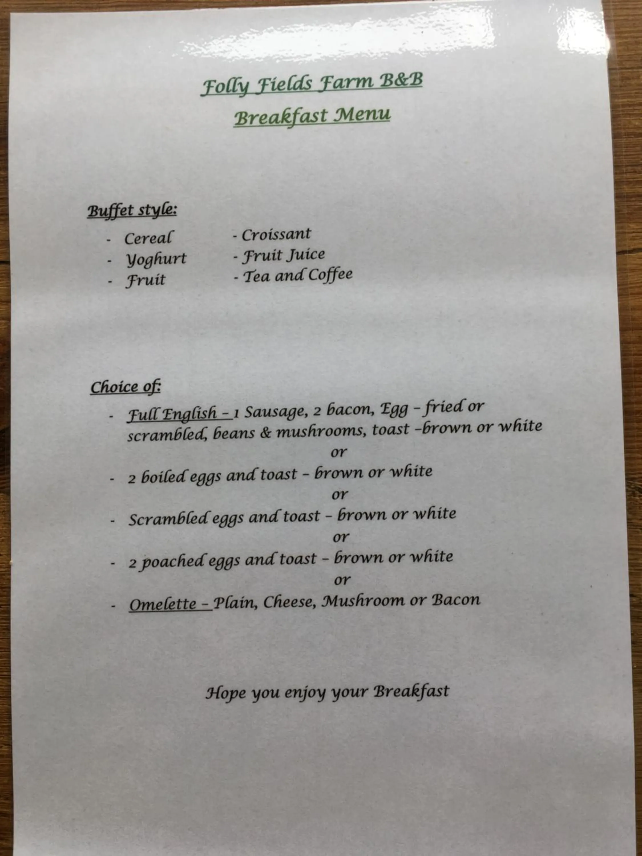 Breakfast in Folly Fields Farm B&B