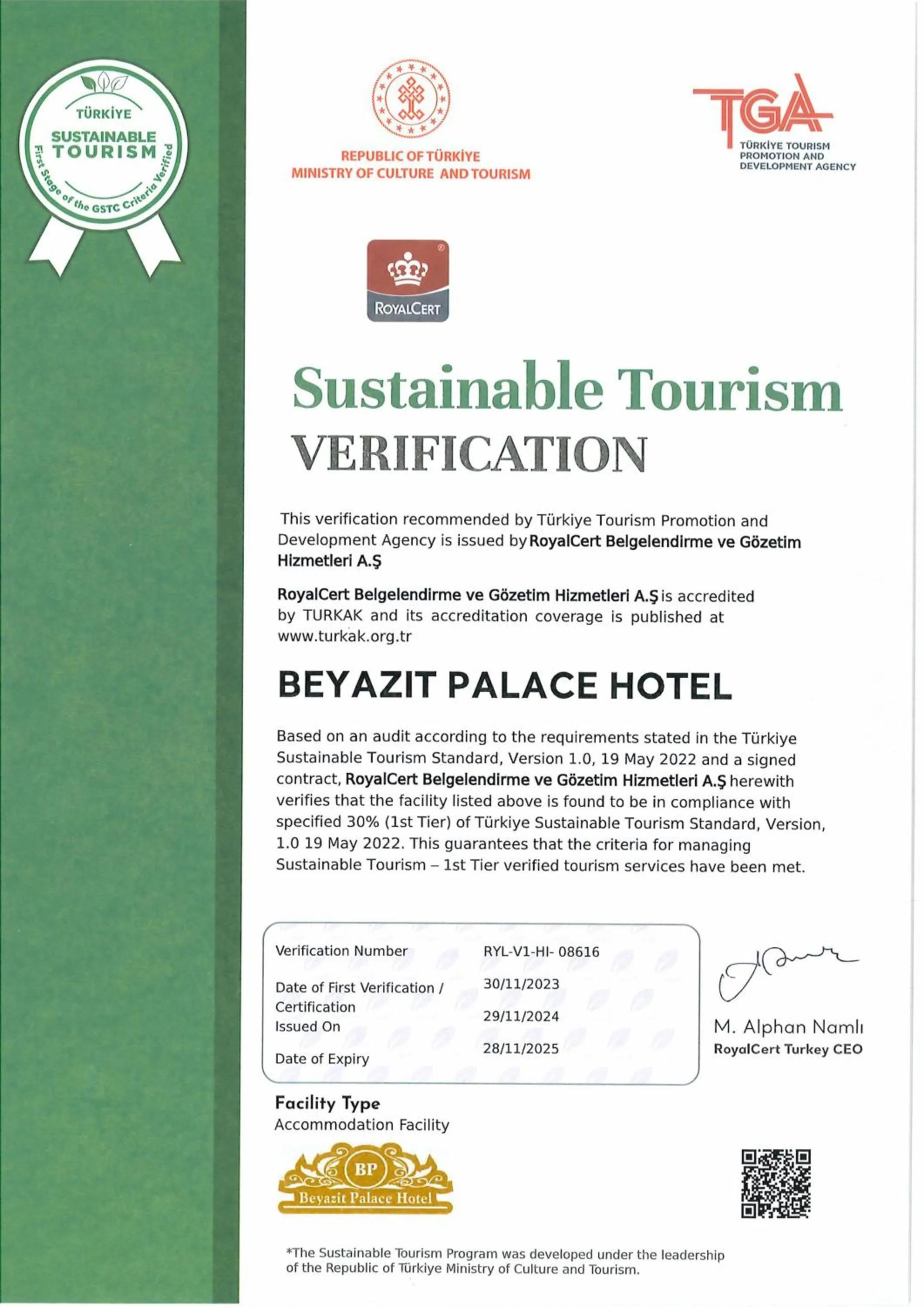 Certificate/Award in Beyazit Palace Hotel