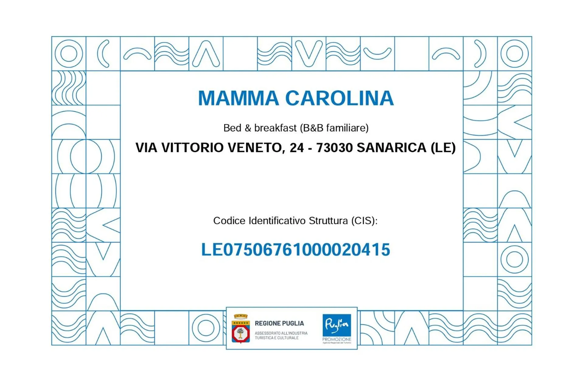 Logo/Certificate/Sign in B&B Mamma Carolina