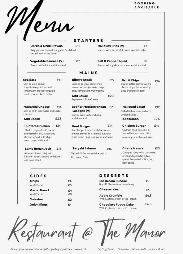 Restaurant/places to eat in Manor Hotel