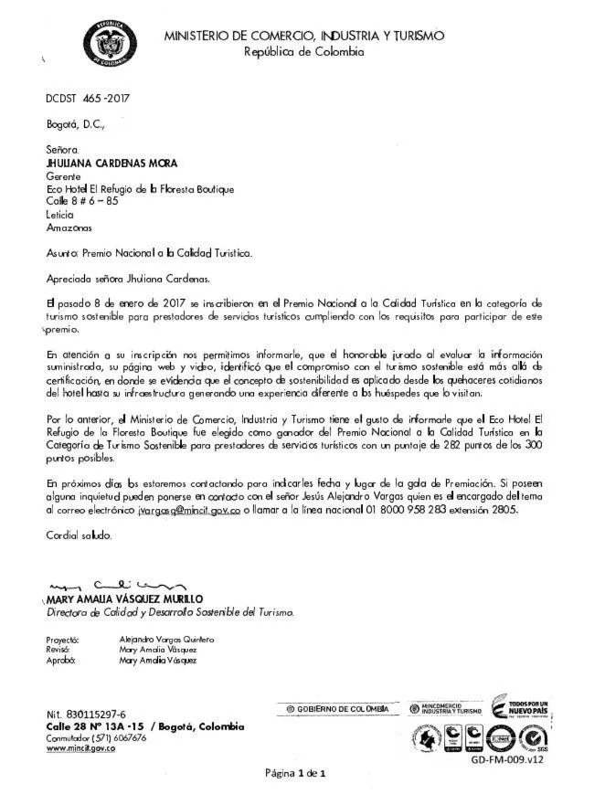 Certificate/Award in Eco Hotel El Refugio Boutique