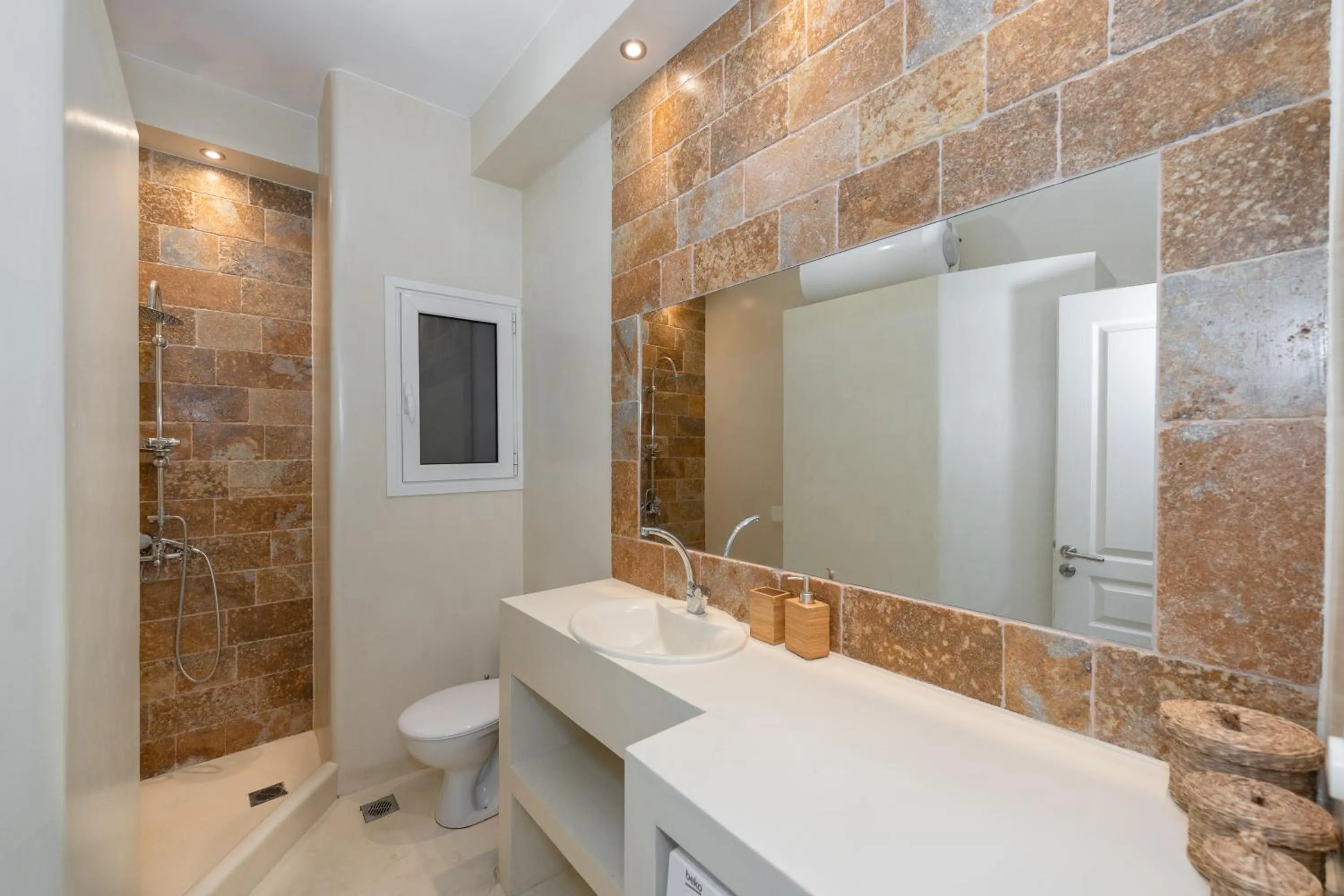 Contemporary apartment made of wood and stone.