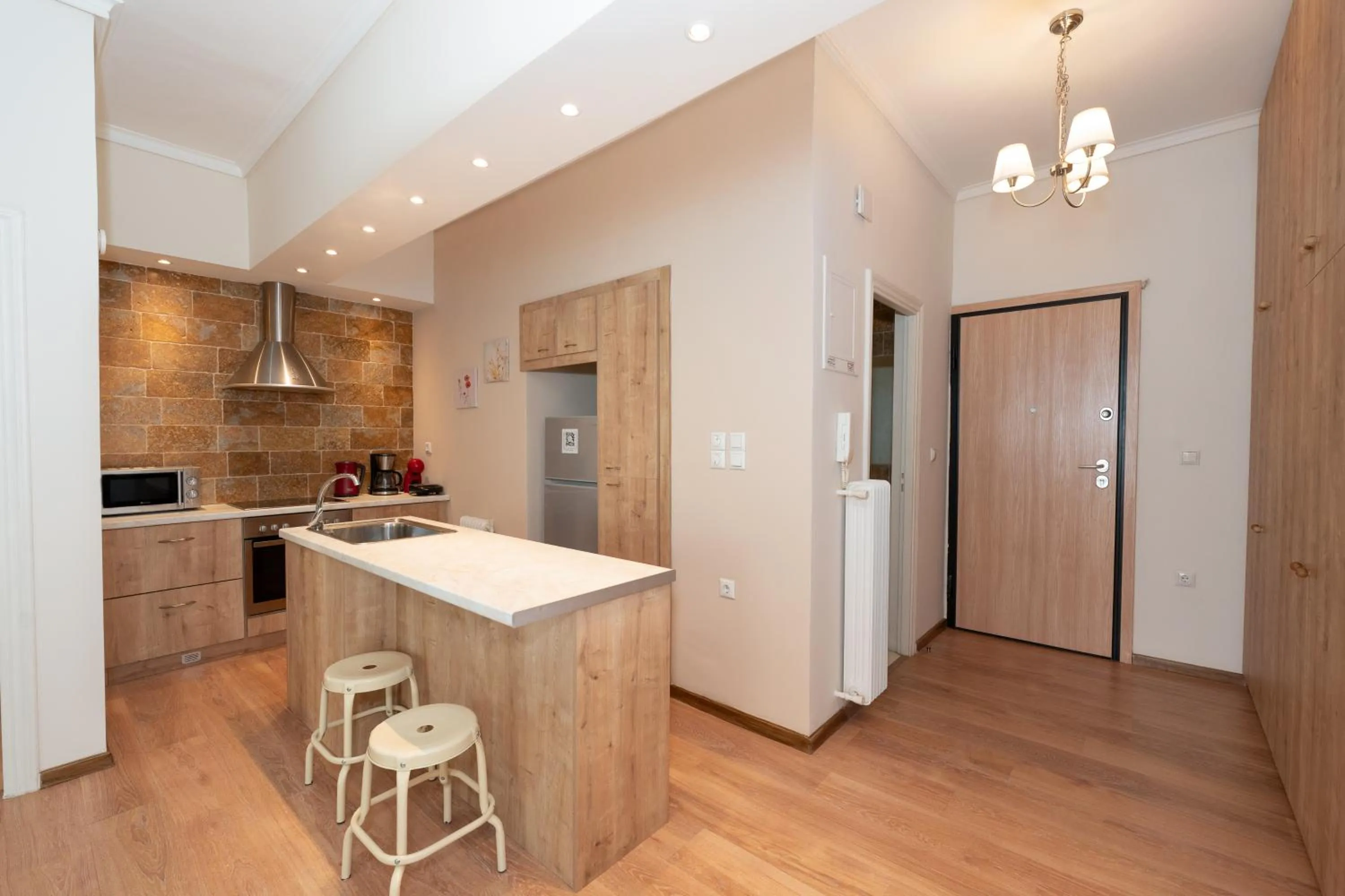 Contemporary apartment made of wood and stone.