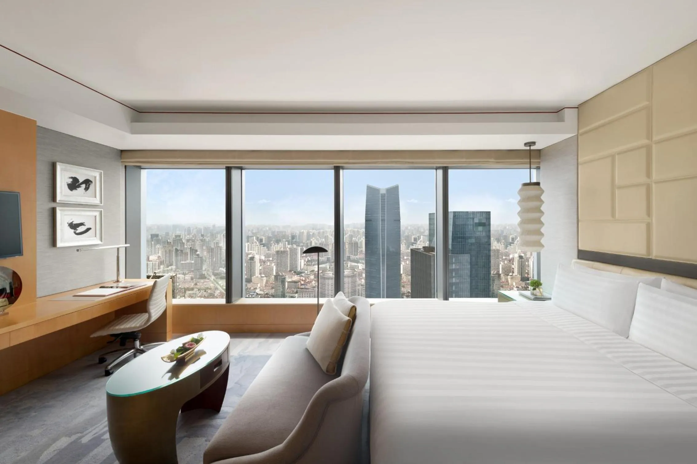 Bedroom, Bed in Jing An Shangri-La, Shanghai - sits centrally amid Puxi's iconic landmarks, uniquely positioned nearby Jing'an Temple