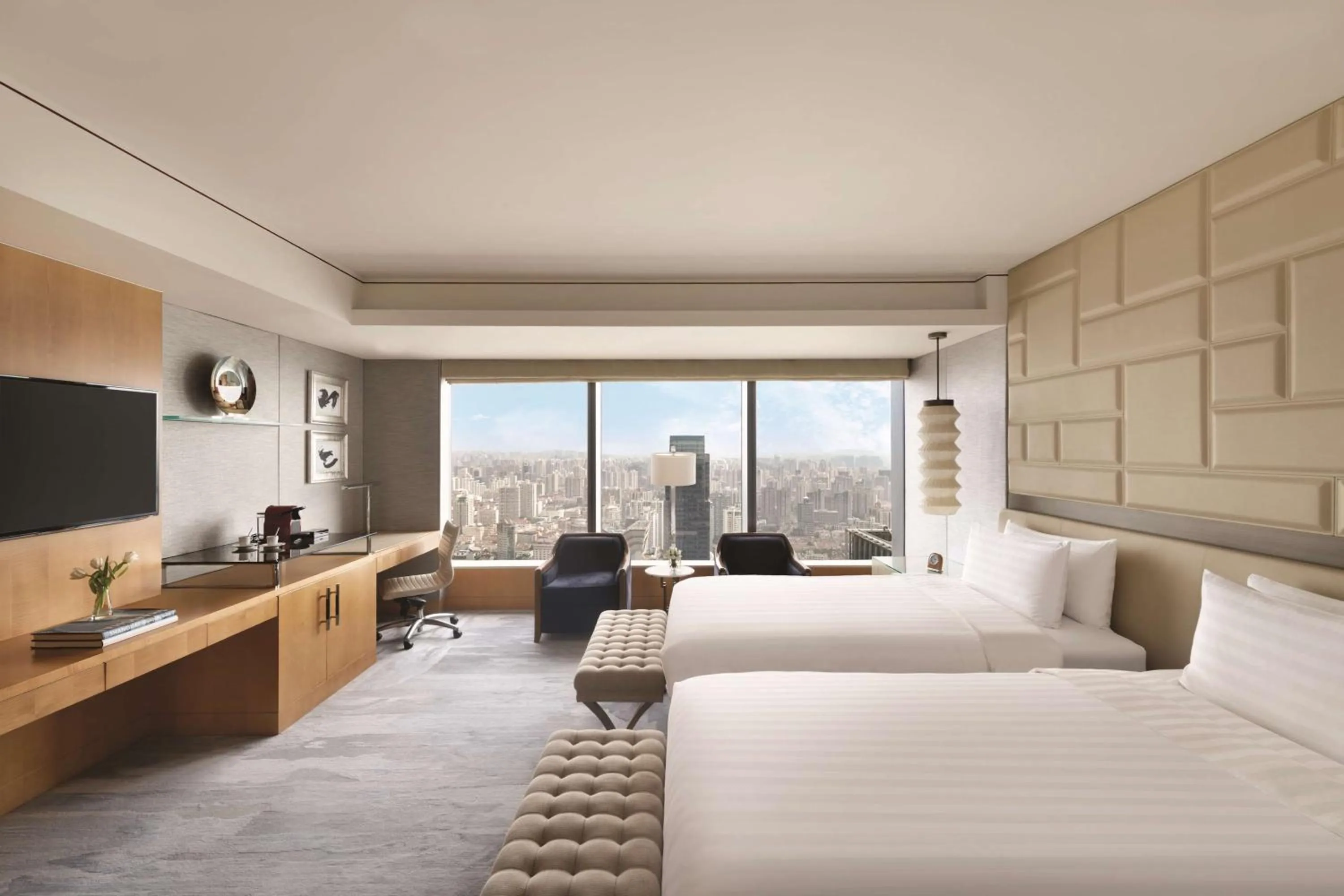 Photo of the whole room, Bed in Jing An Shangri-La, Shanghai - sits centrally amid Puxi's iconic landmarks, uniquely positioned nearby Jing'an Temple