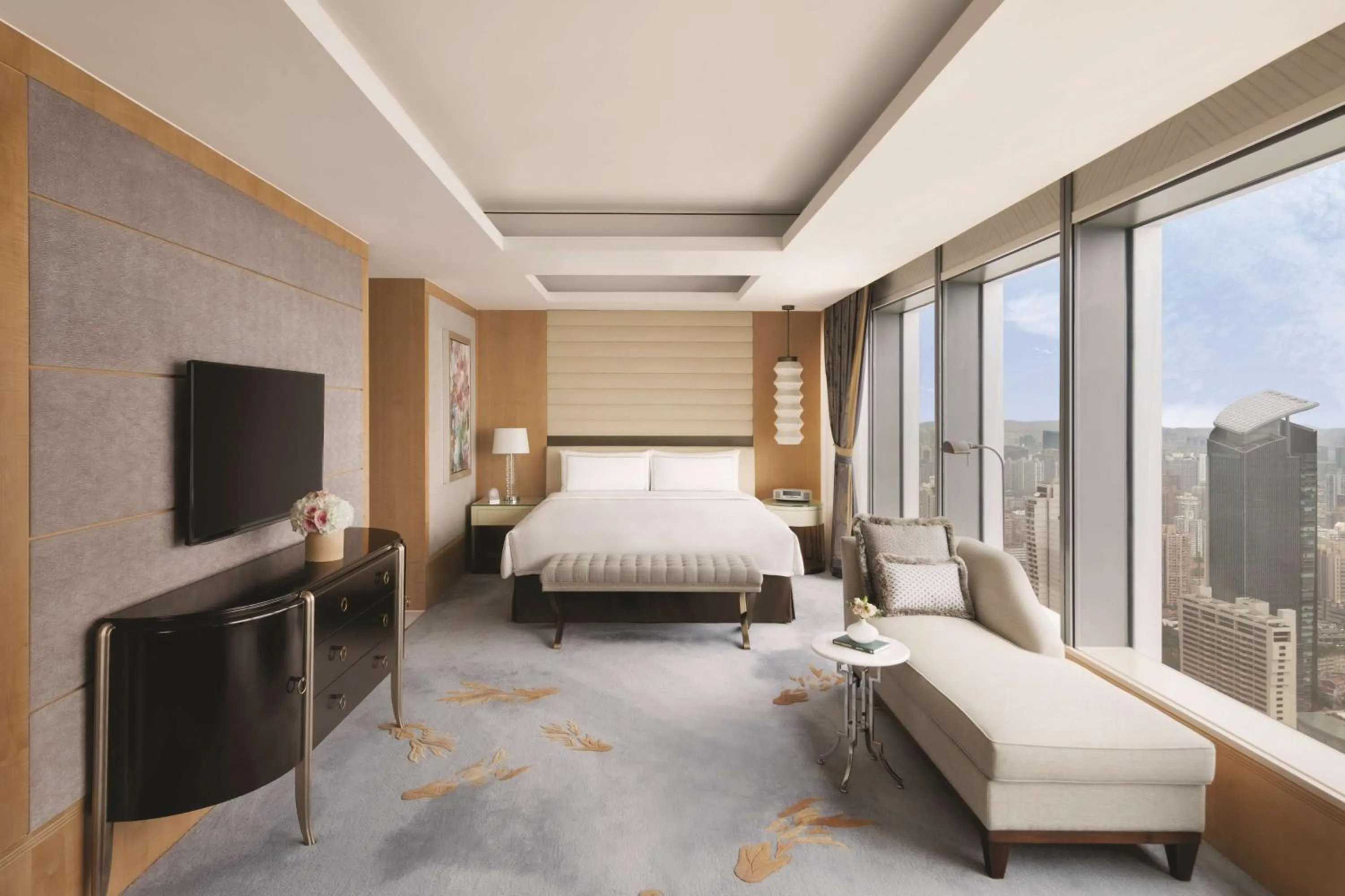 Photo of the whole room, Bed in Jing An Shangri-La, Shanghai - sits centrally amid Puxi's iconic landmarks, uniquely positioned nearby Jing'an Temple