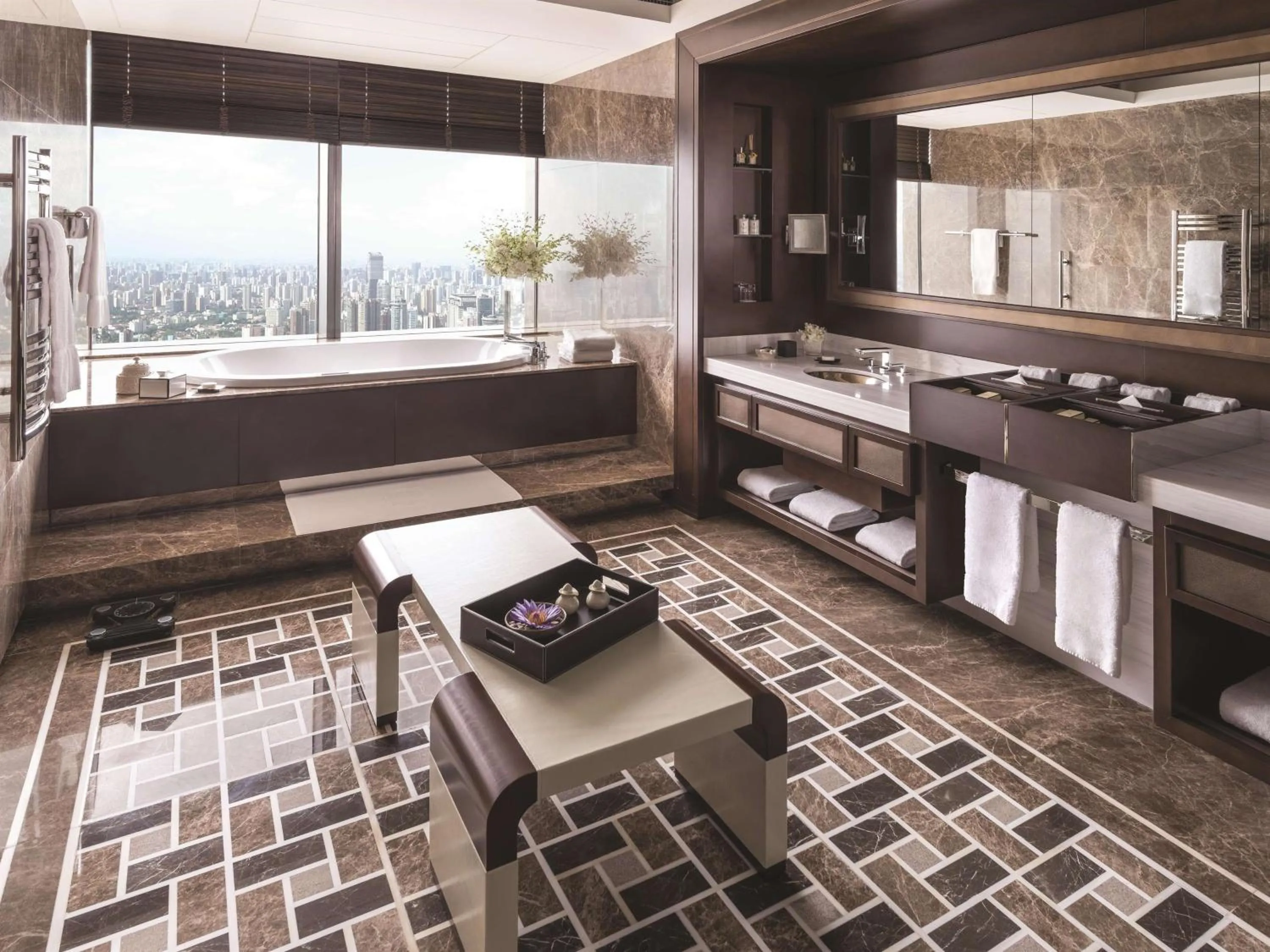 Bathroom in Jing An Shangri-La, Shanghai - sits centrally amid Puxi's iconic landmarks, uniquely positioned nearby Jing'an Temple