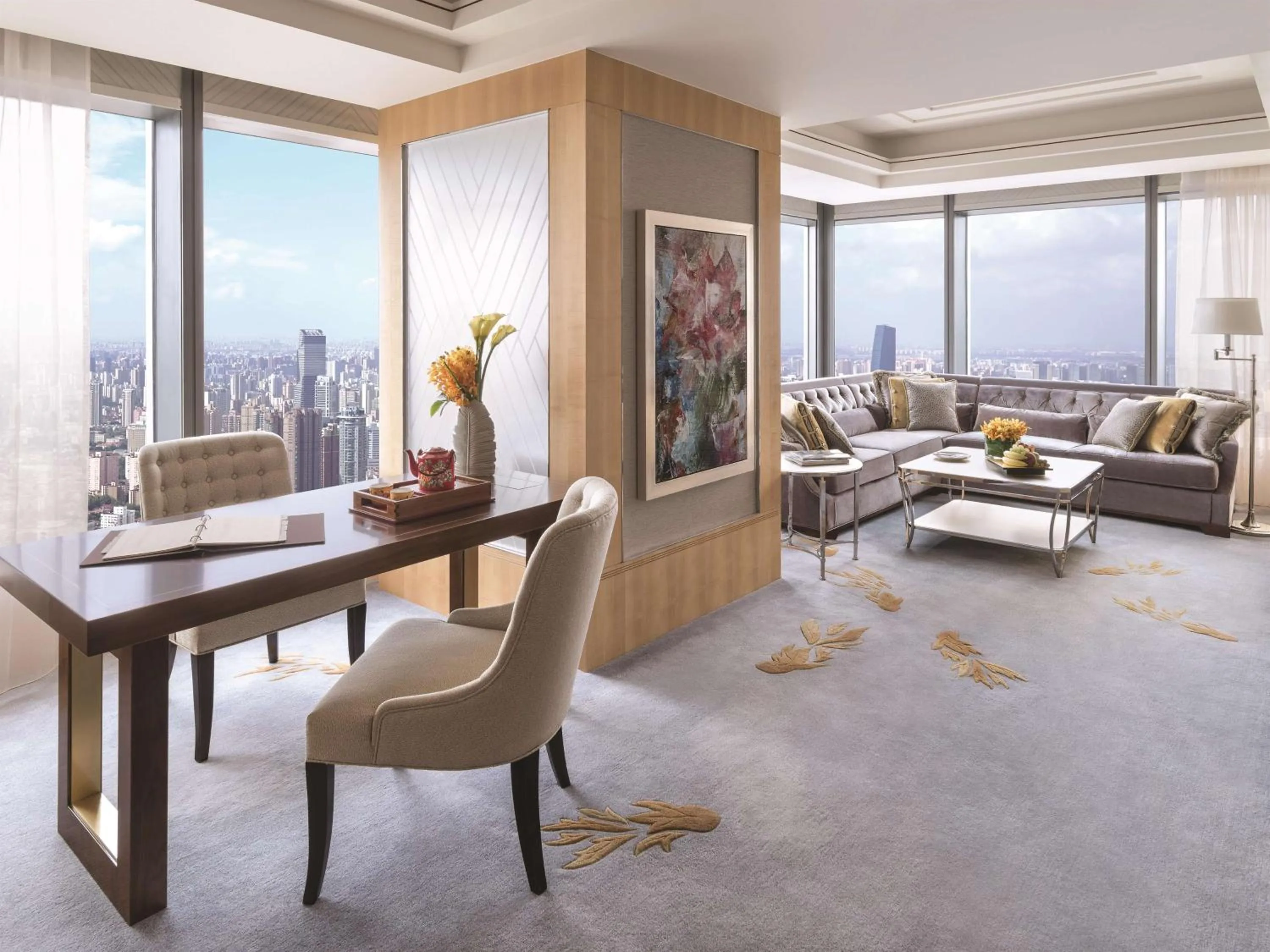 Living room in Jing An Shangri-La, Shanghai - sits centrally amid Puxi's iconic landmarks, uniquely positioned nearby Jing'an Temple
