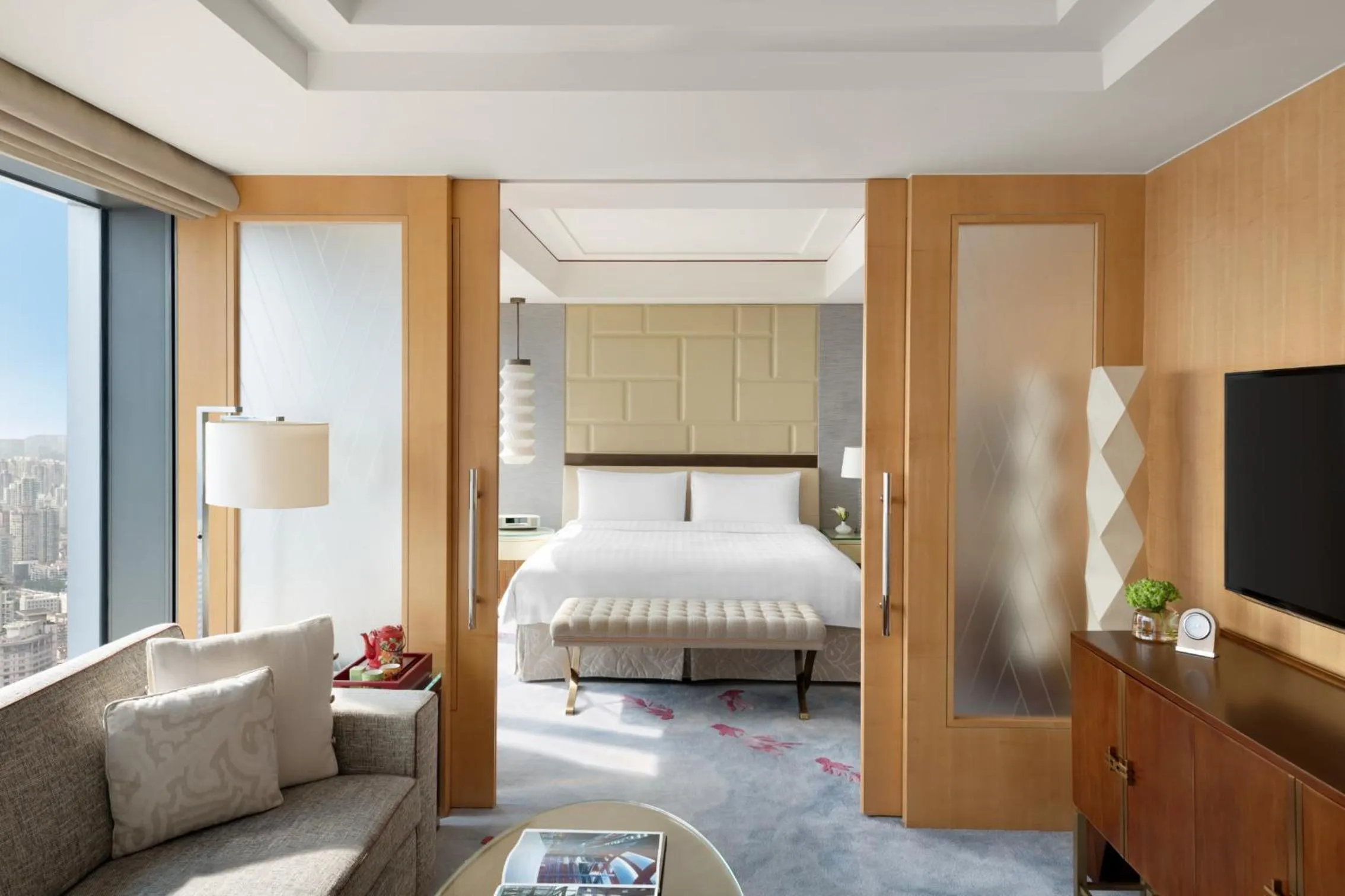 Bedroom, Bed in Jing An Shangri-La, Shanghai - sits centrally amid Puxi's iconic landmarks, uniquely positioned nearby Jing'an Temple