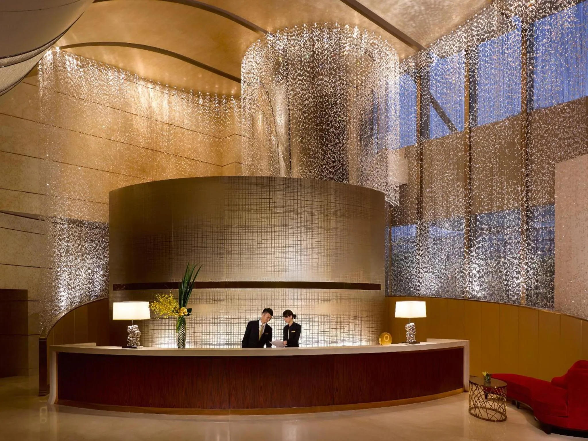 Lobby or reception in Jing An Shangri-La, Shanghai - sits centrally amid Puxi's iconic landmarks, uniquely positioned nearby Jing'an Temple