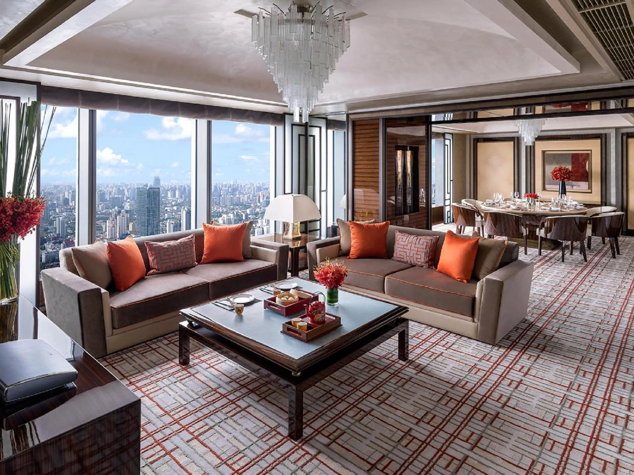 Living room in Jing An Shangri-La, Shanghai - sits centrally amid Puxi's iconic landmarks, uniquely positioned nearby Jing'an Temple