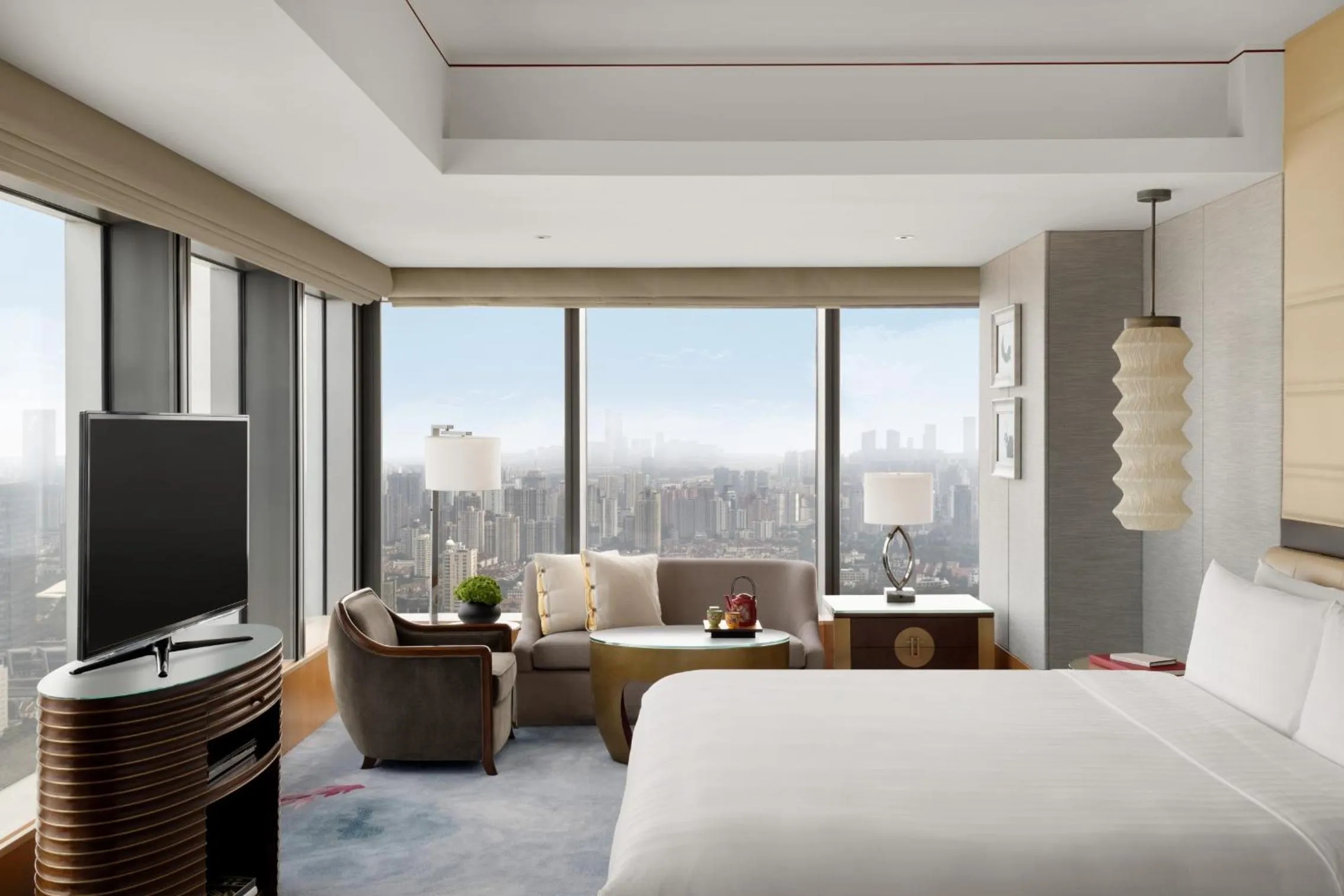 Bedroom, Bed in Jing An Shangri-La, Shanghai - sits centrally amid Puxi's iconic landmarks, uniquely positioned nearby Jing'an Temple