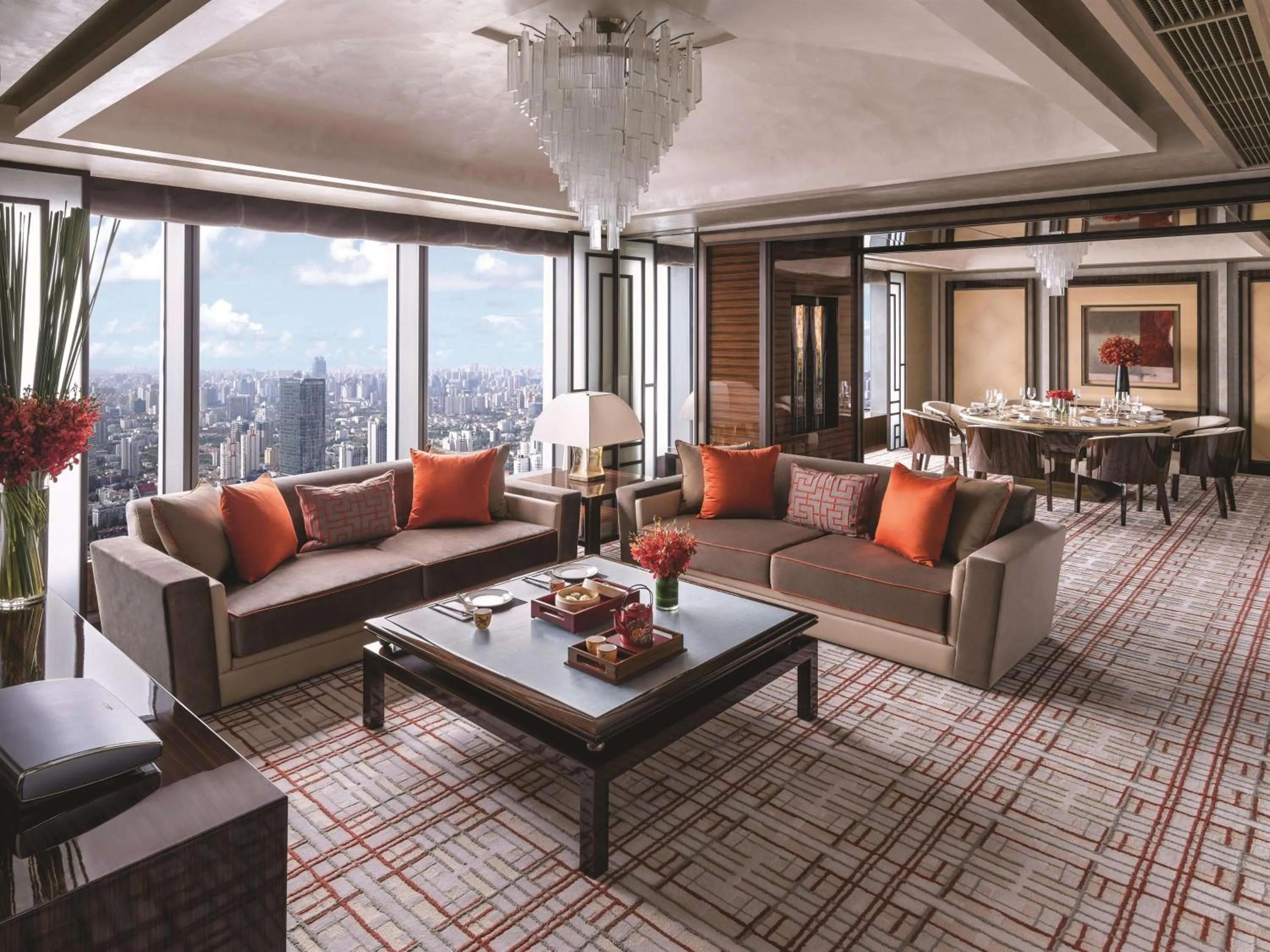 Living room in Jing An Shangri-La, Shanghai - sits centrally amid Puxi's iconic landmarks, uniquely positioned nearby Jing'an Temple