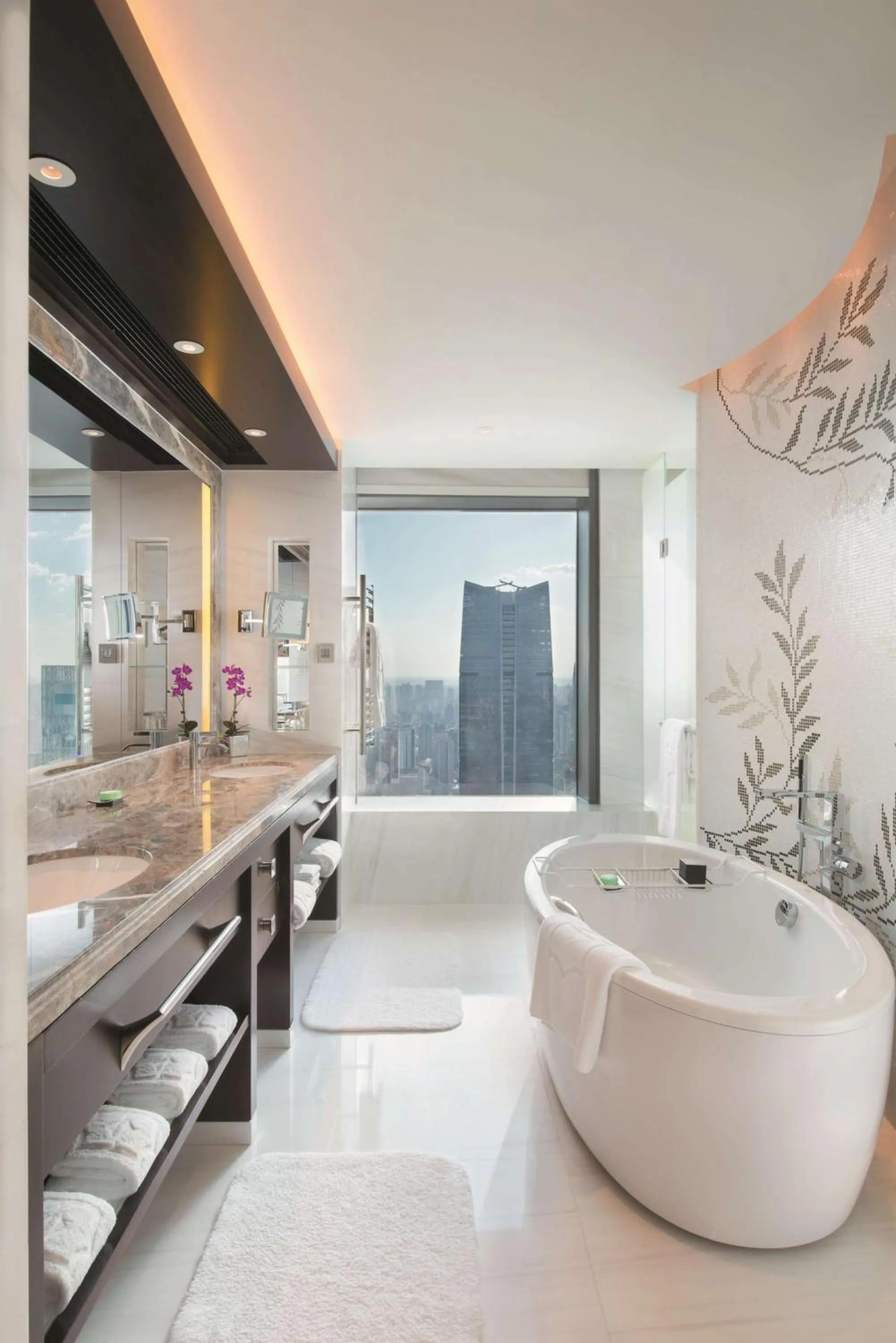 Bathroom in Jing An Shangri-La, Shanghai - sits centrally amid Puxi's iconic landmarks, uniquely positioned nearby Jing'an Temple