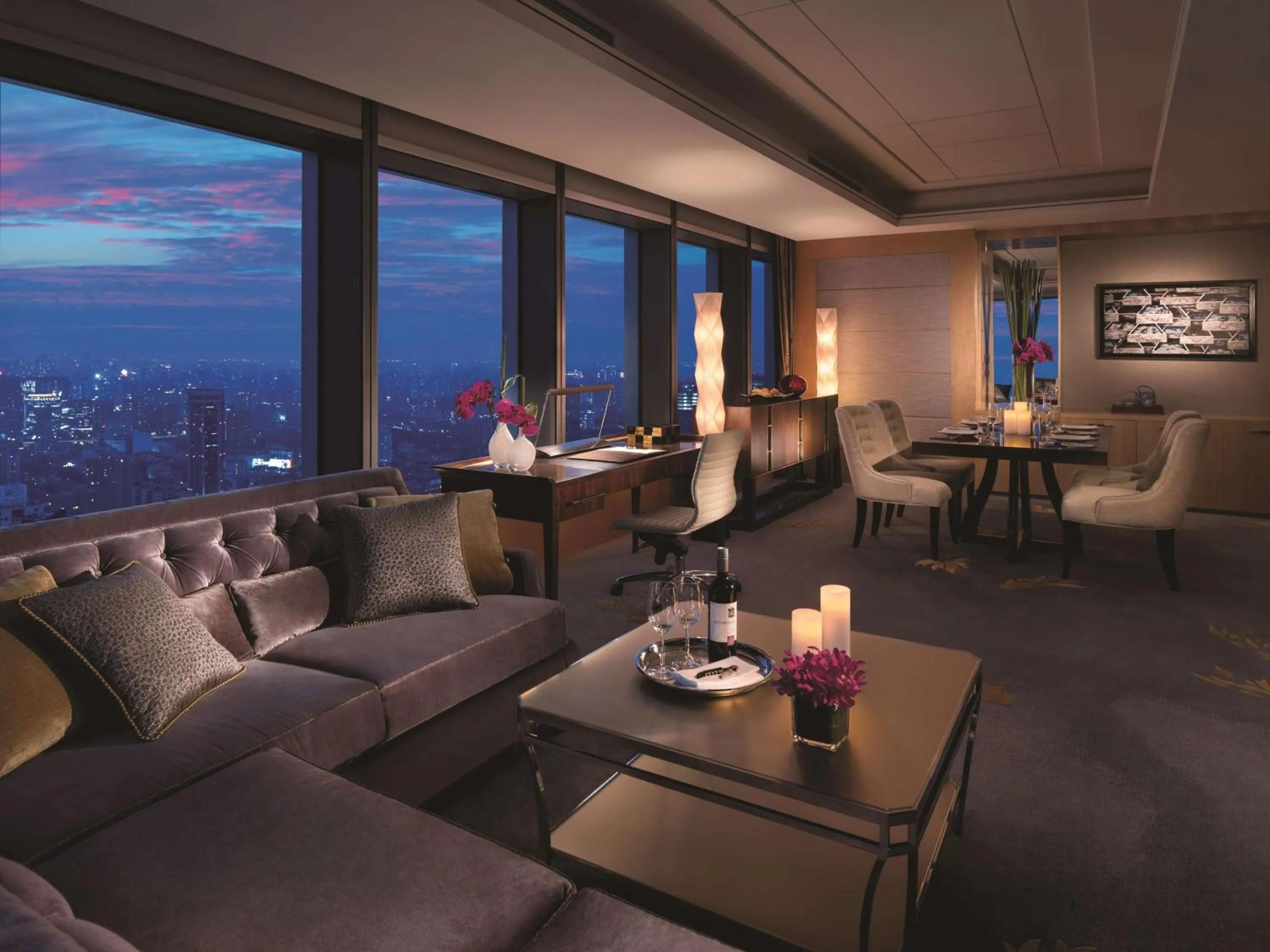 Living room in Jing An Shangri-La, Shanghai - sits centrally amid Puxi's iconic landmarks, uniquely positioned nearby Jing'an Temple
