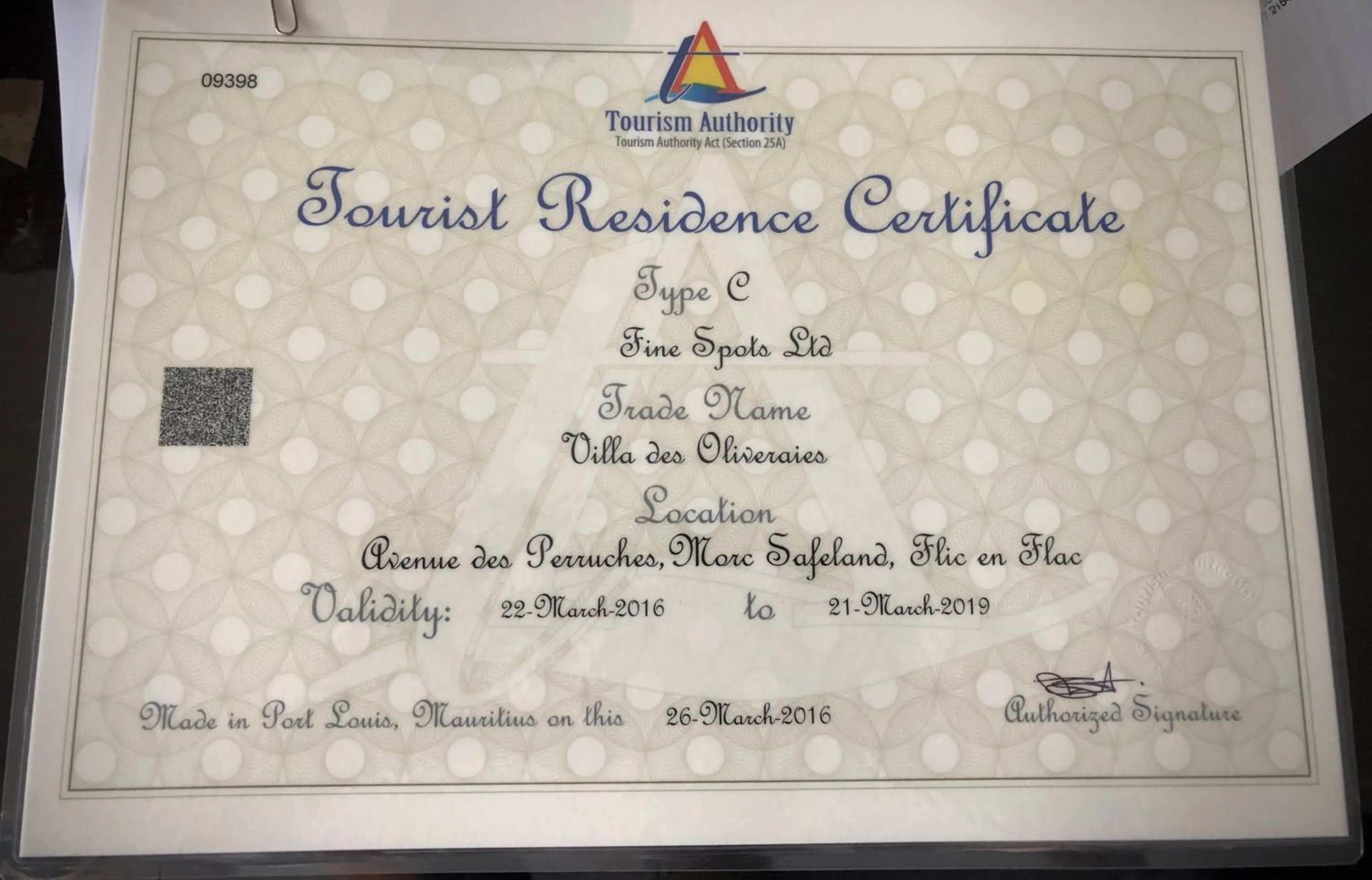 Certificate/Award in Villa Oliveraie Apartments