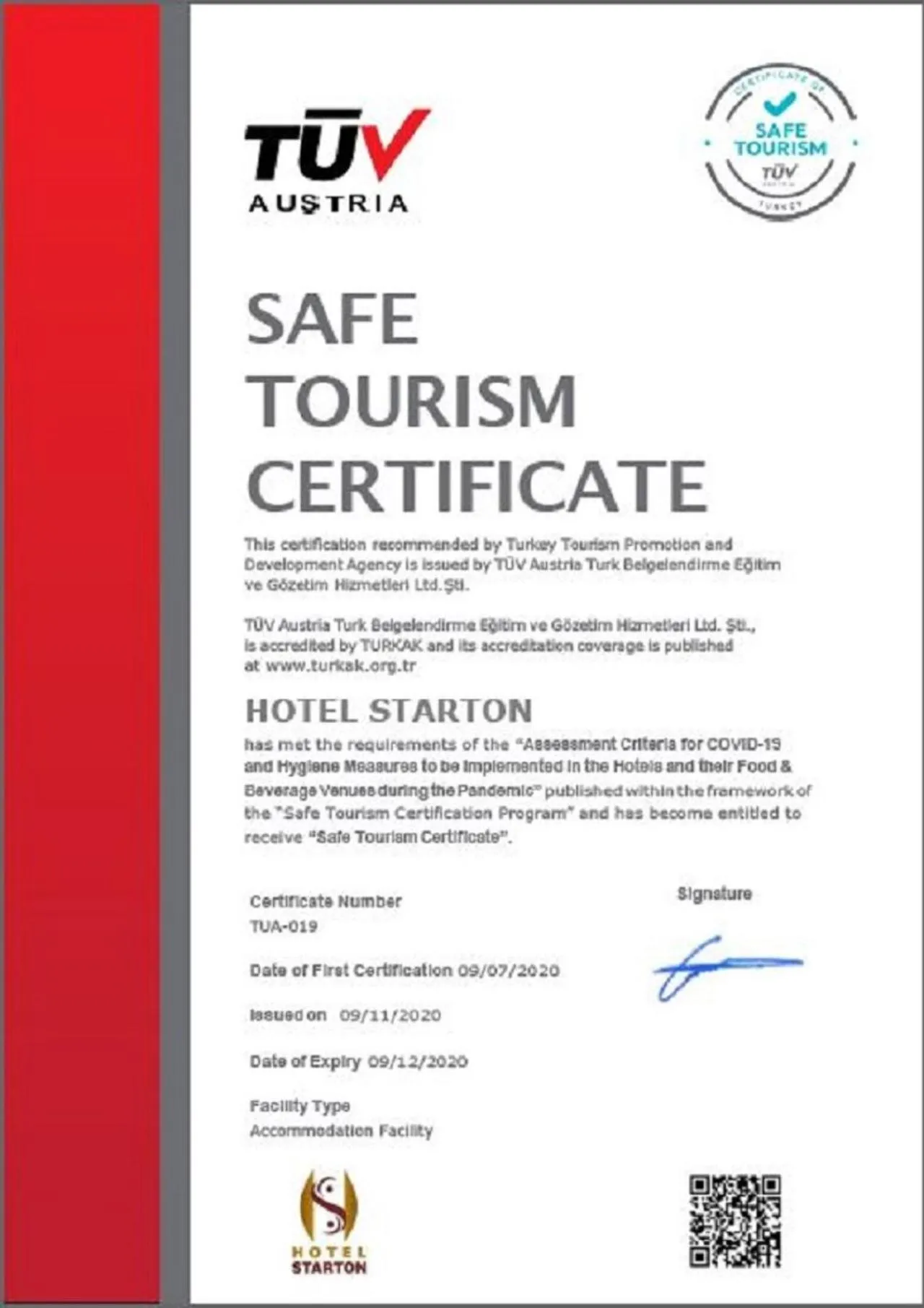 Certificate/Award in Starton Hotel