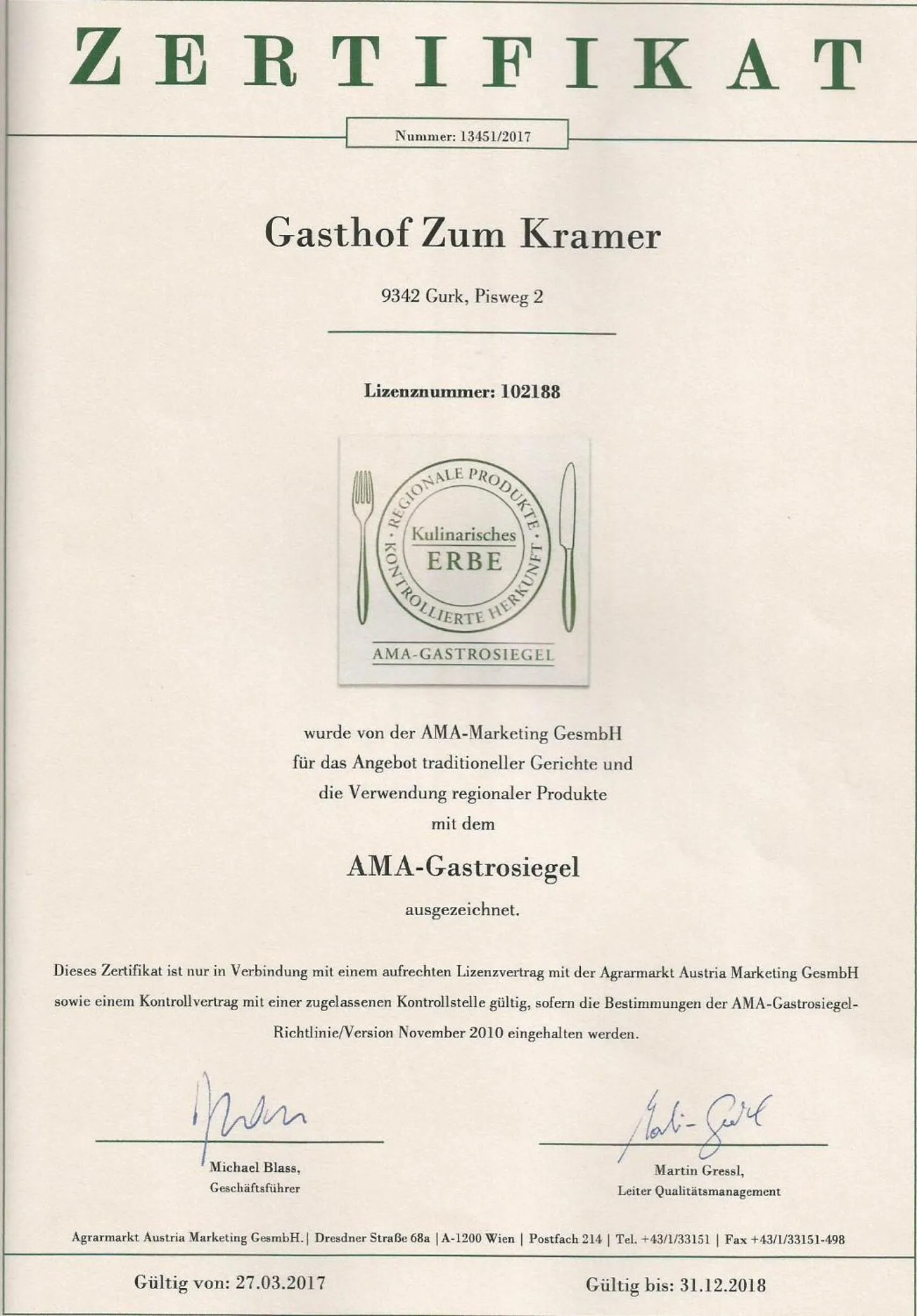Certificate/Award in Gasthof Zum Kramer