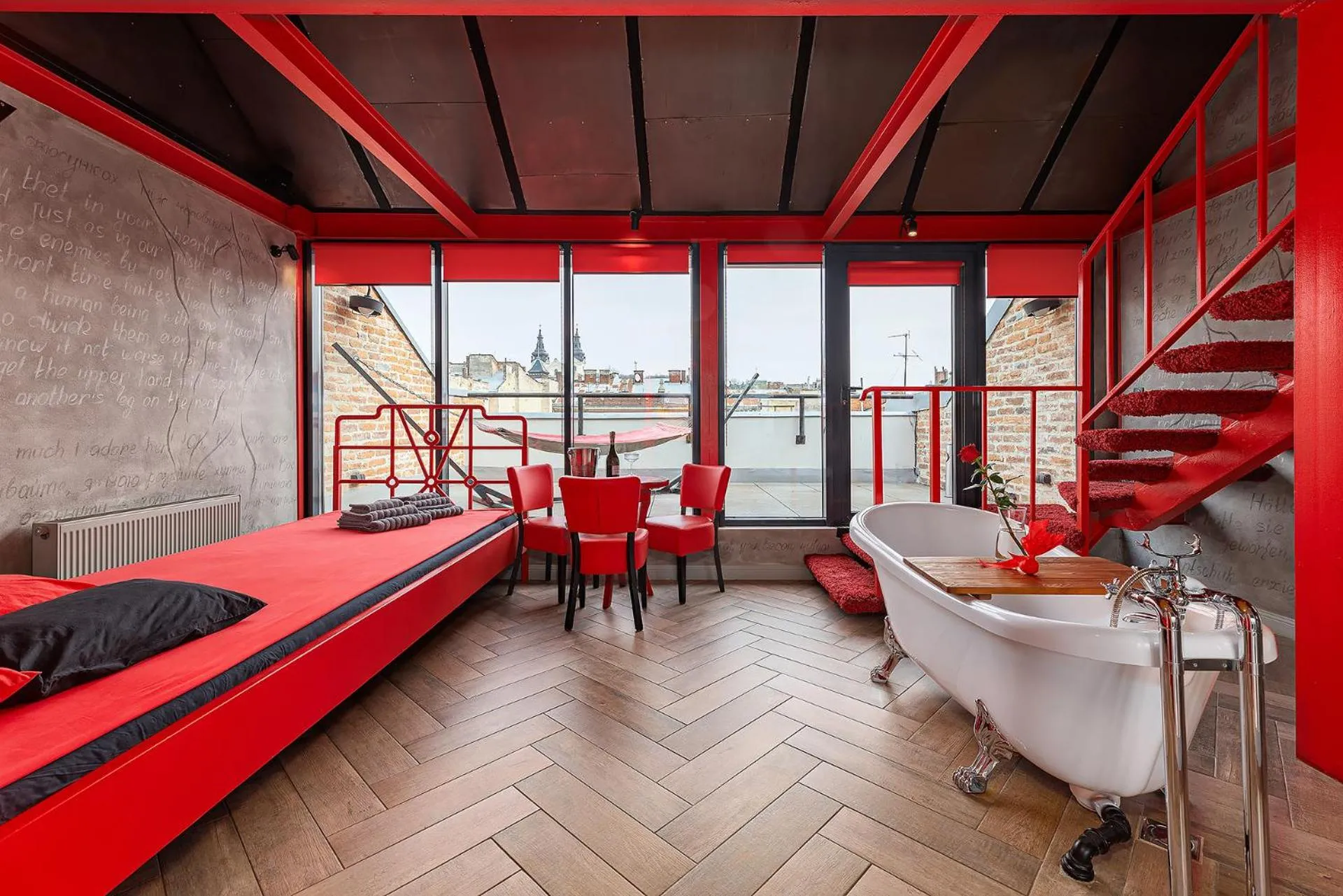 Balcony/Terrace, Bed in Masoch. Hotel & Cafe