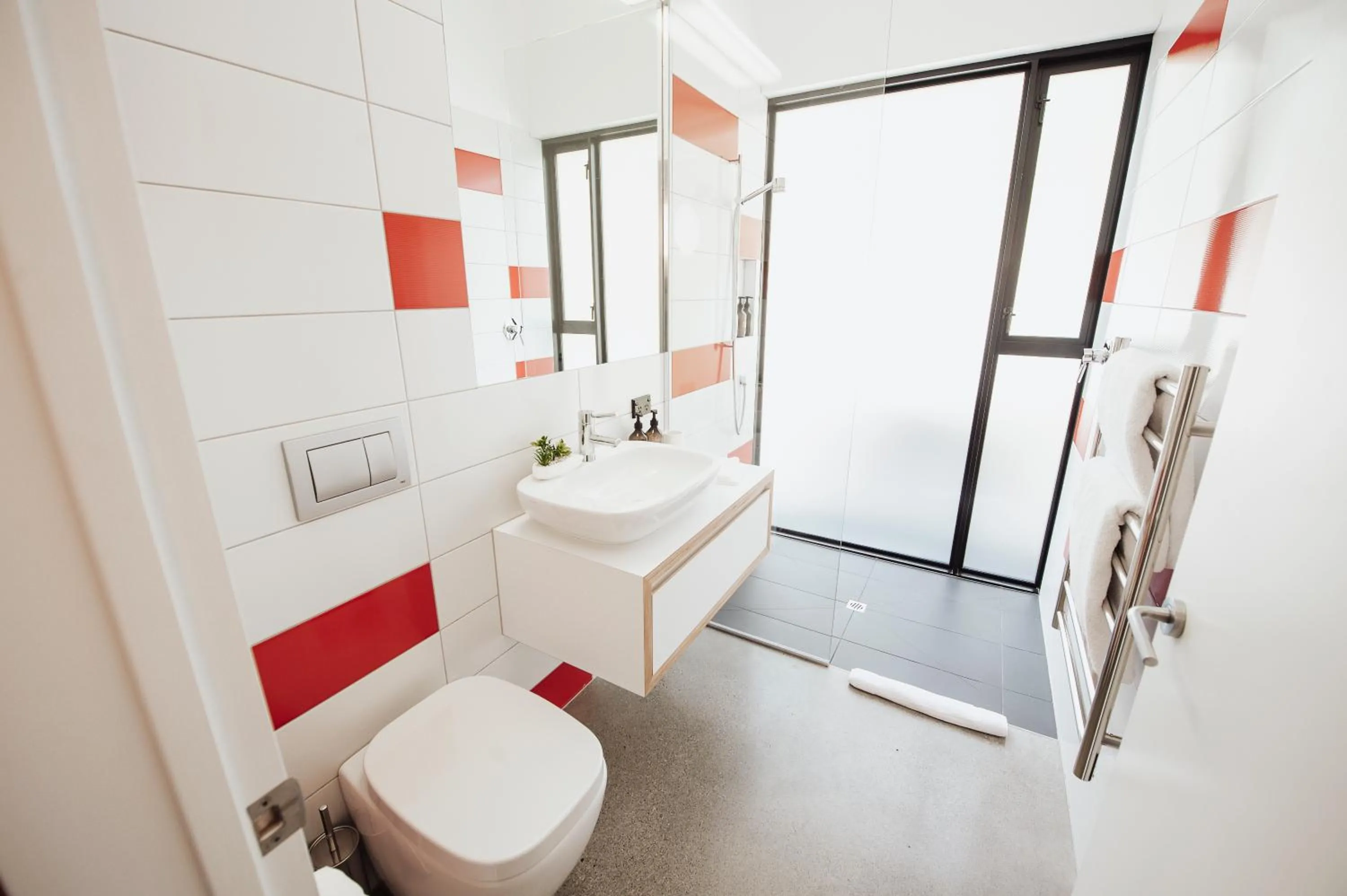 Shower in Award-Winning Modern Retreat with Hot Tub & Views
