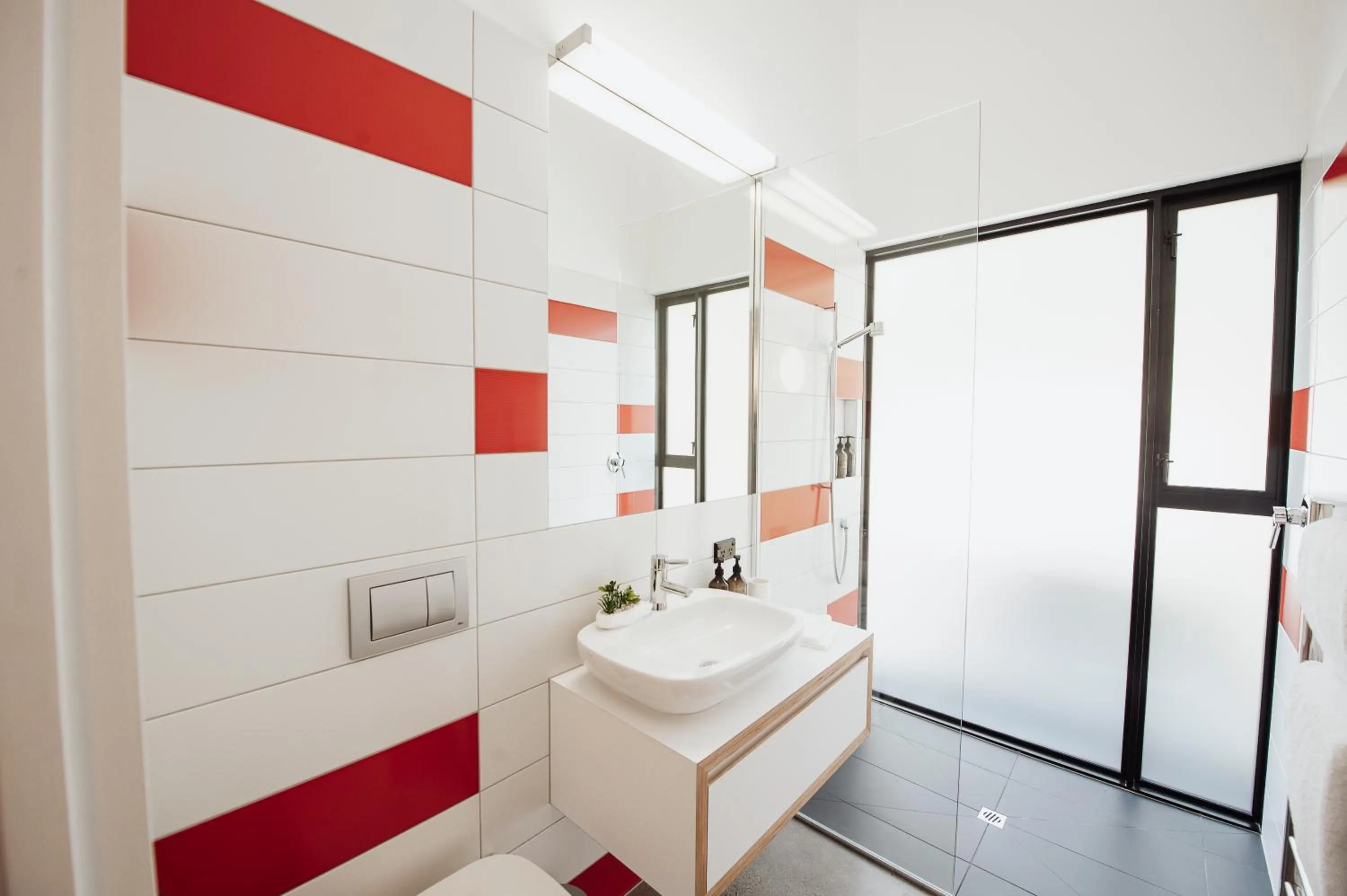 Shower in Award-Winning Modern Retreat with Hot Tub & Views